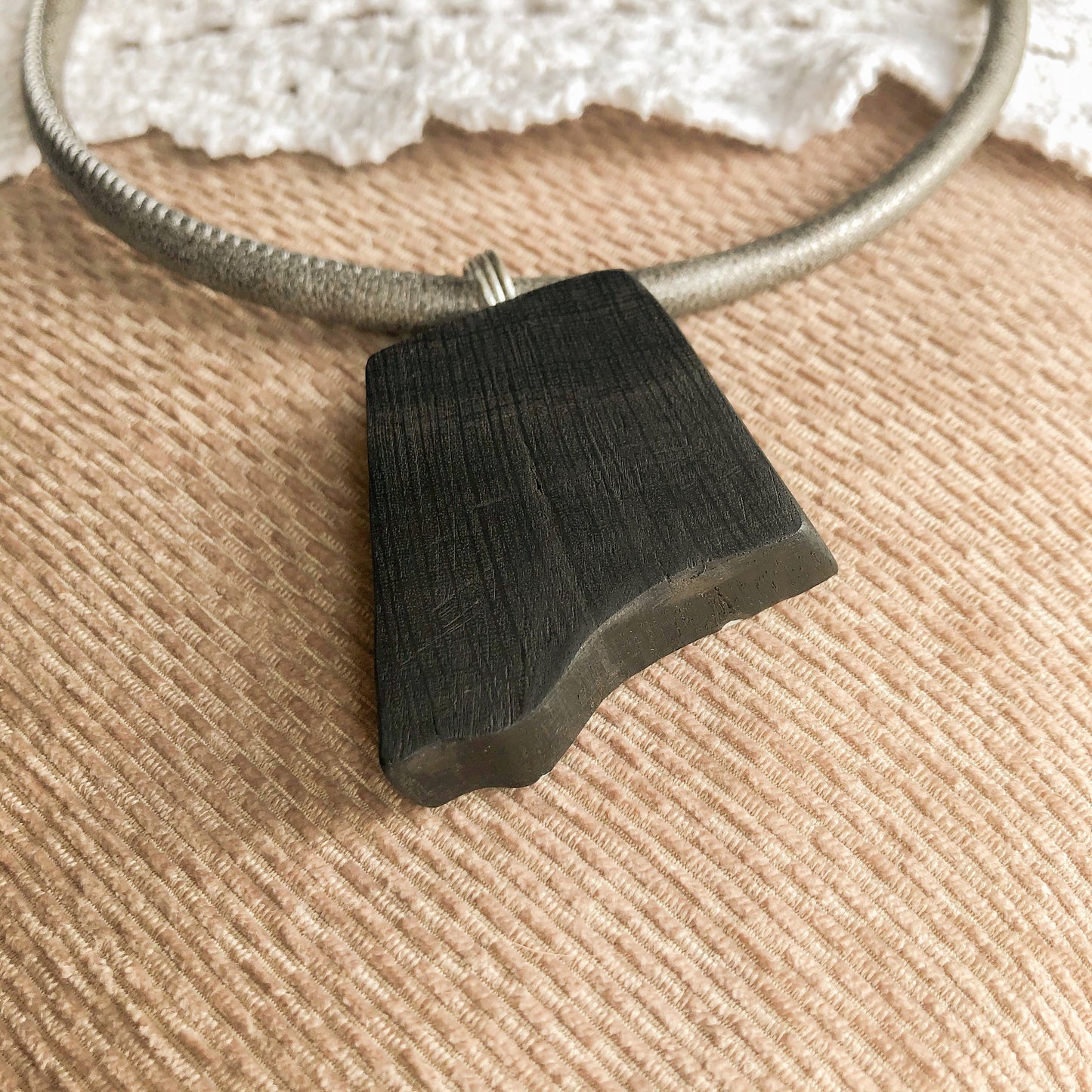 Irish Bog Oak Carved Pendant With Inset Wire Detail - Handmade