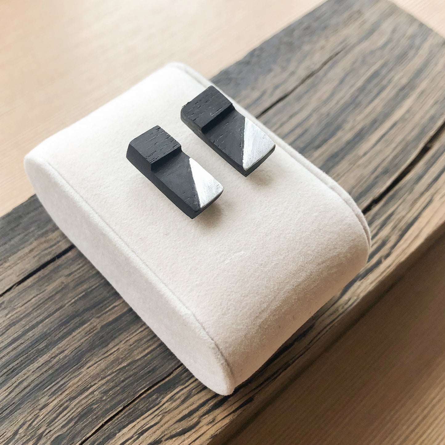 Irish Bog Oak Rectangular Stud Earrings with Wire Detail | Handmade Earrings