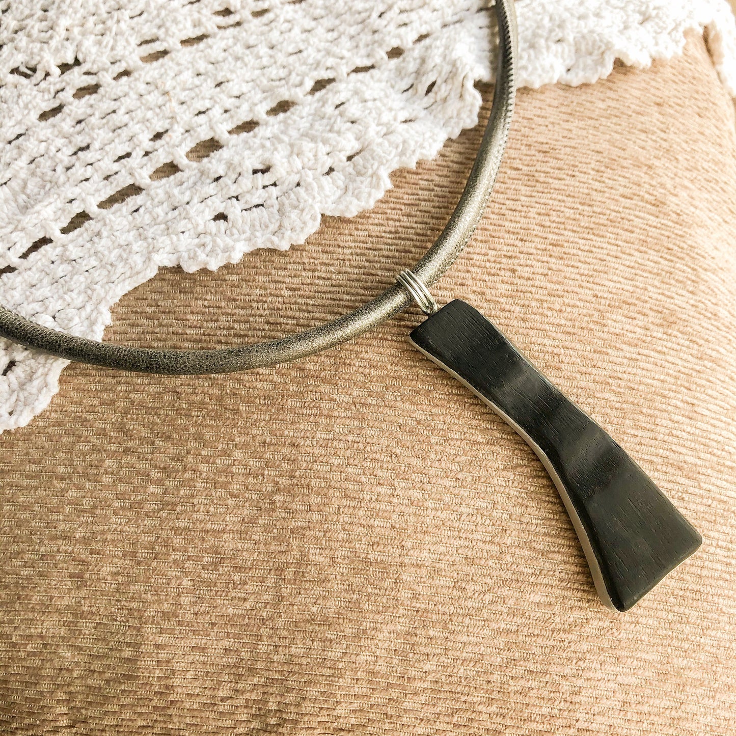 Irish Bog Oak Carved Pendant With Stainless Steel Edge - Handmade