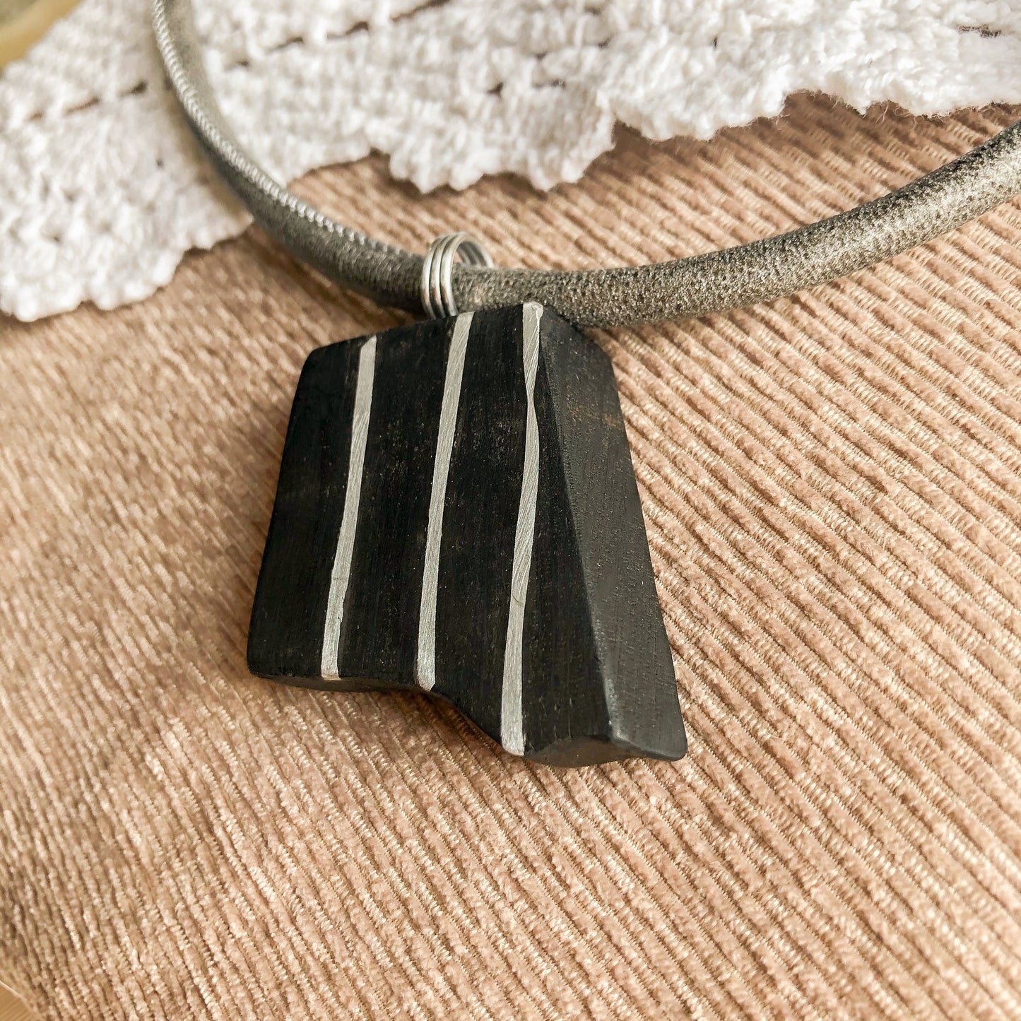 Irish Bog Oak Carved Pendant With Inset Wire Detail - Handmade
