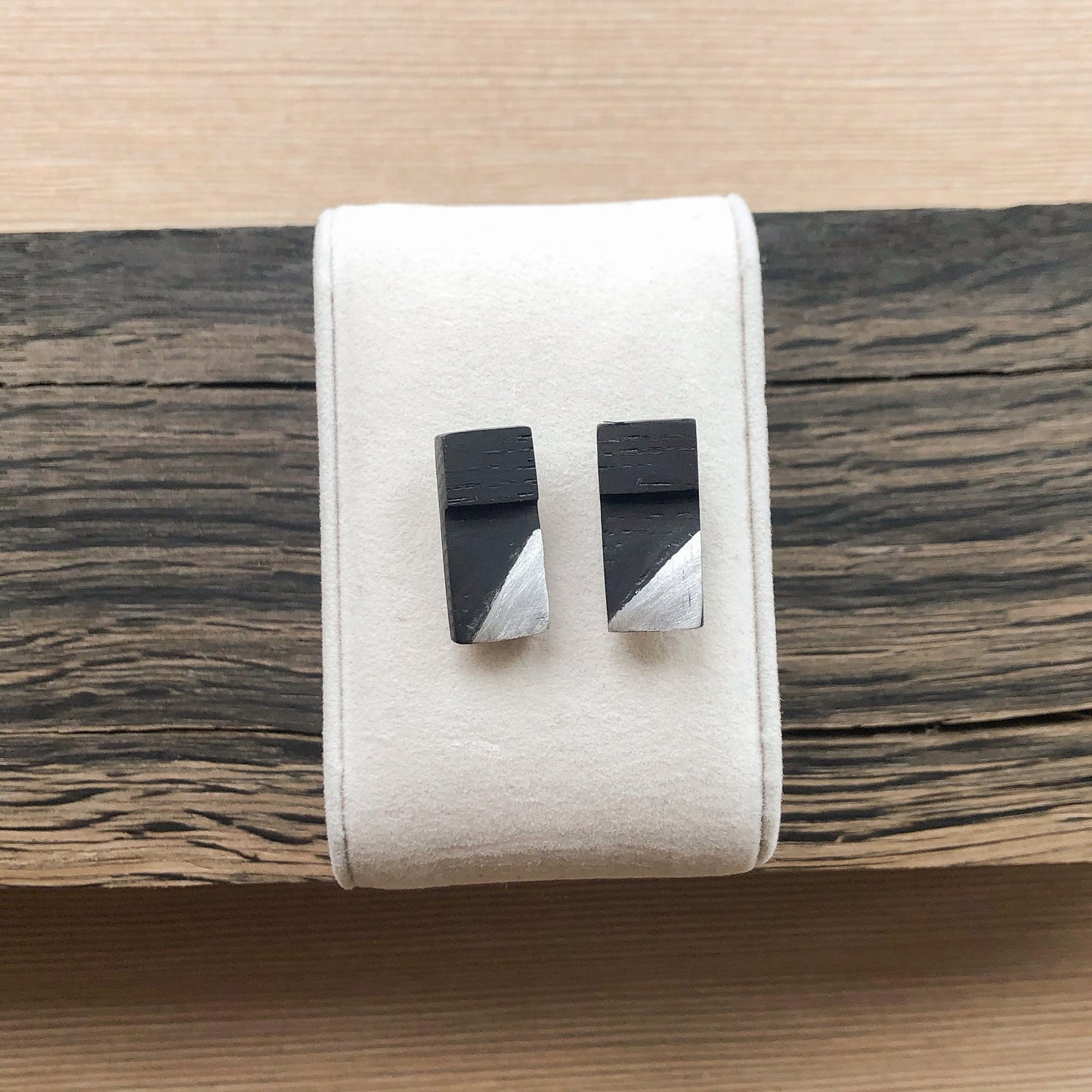Irish Bog Oak Rectangular Stud Earrings with Wire Detail | Handmade Earrings