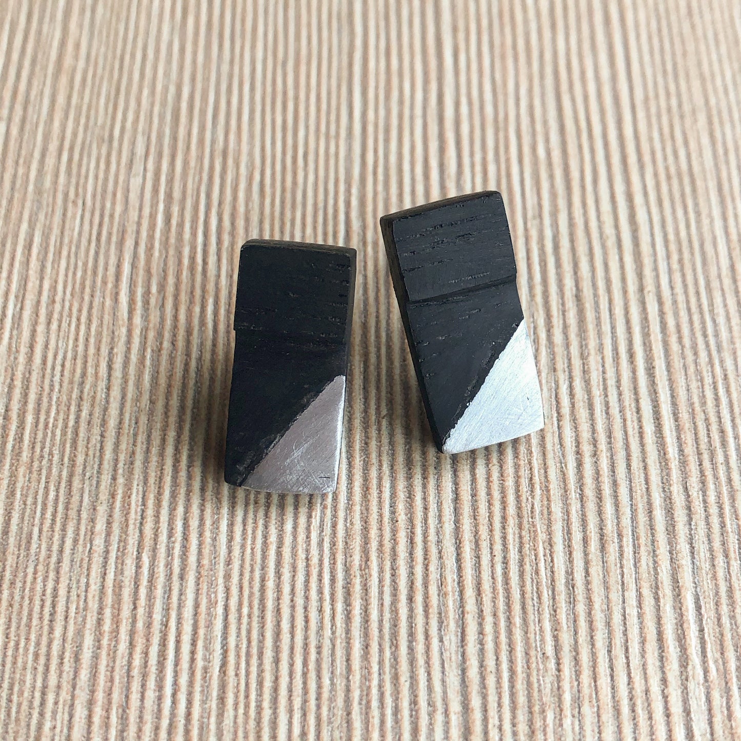 Irish Bog Oak Rectangular Stud Earrings with Wire Detail | Handmade Earrings