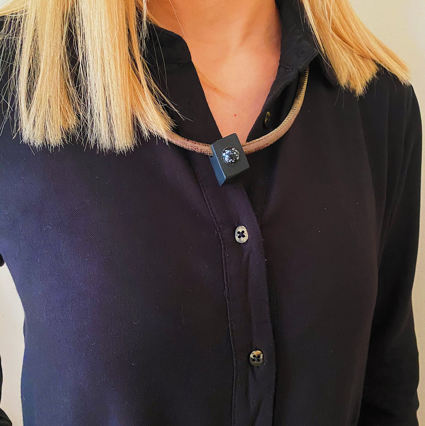 Irish Bog Oak Rectangular Pendant with Snowflake Obsidian | Crystal Necklace Gift - Handmade