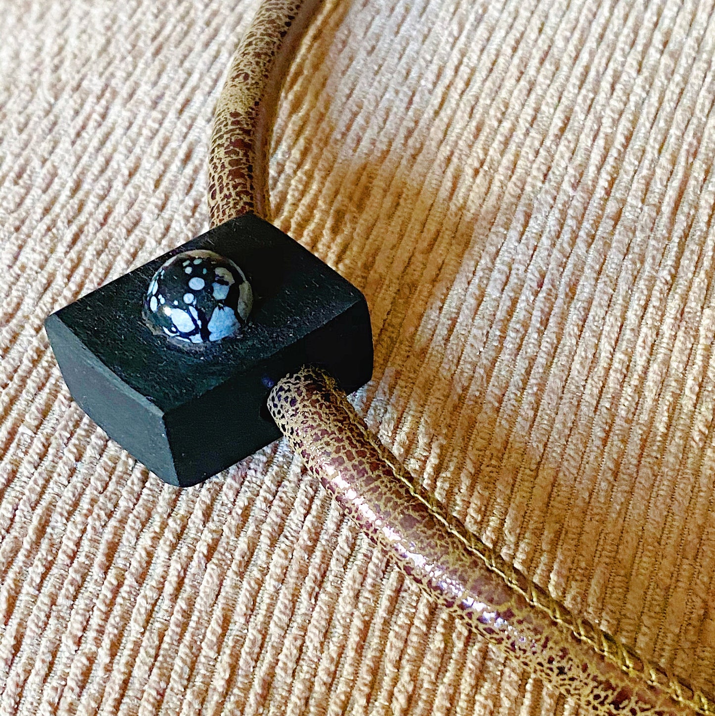 Irish Bog Oak Rectangular Pendant with Snowflake Obsidian | Crystal Necklace Gift - Handmade