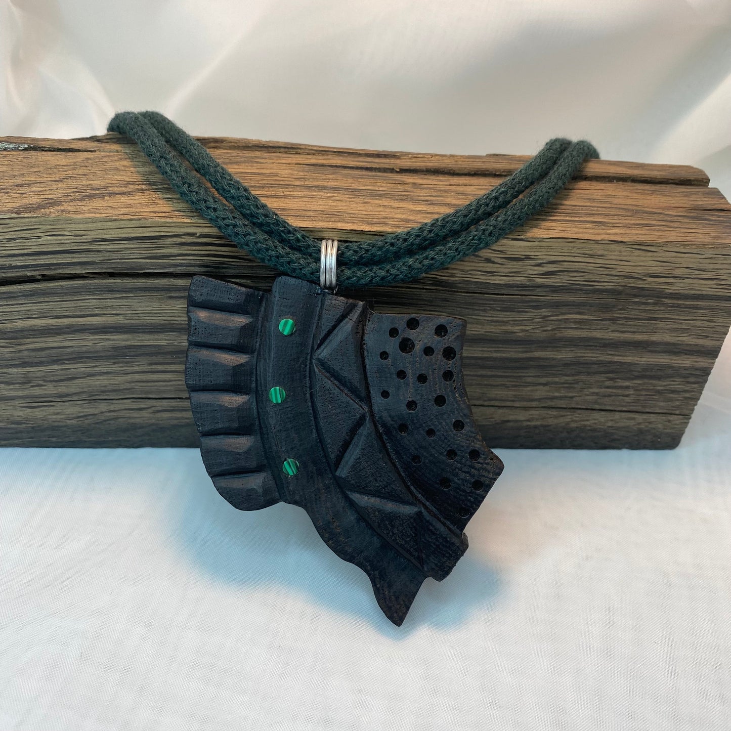 Irish Bog Oak Carved Pendant with Green Bead Insets | Handmade