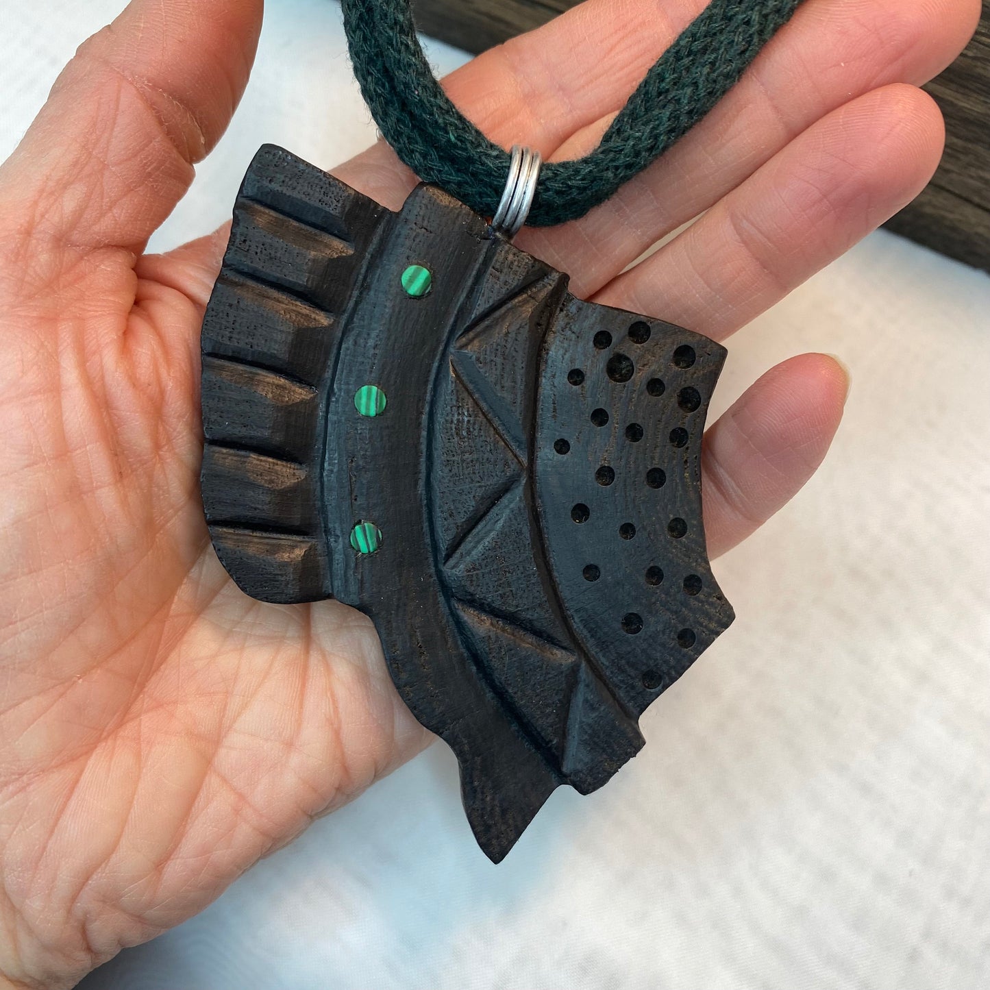 Irish Bog Oak Carved Pendant with Green Bead Insets | Handmade