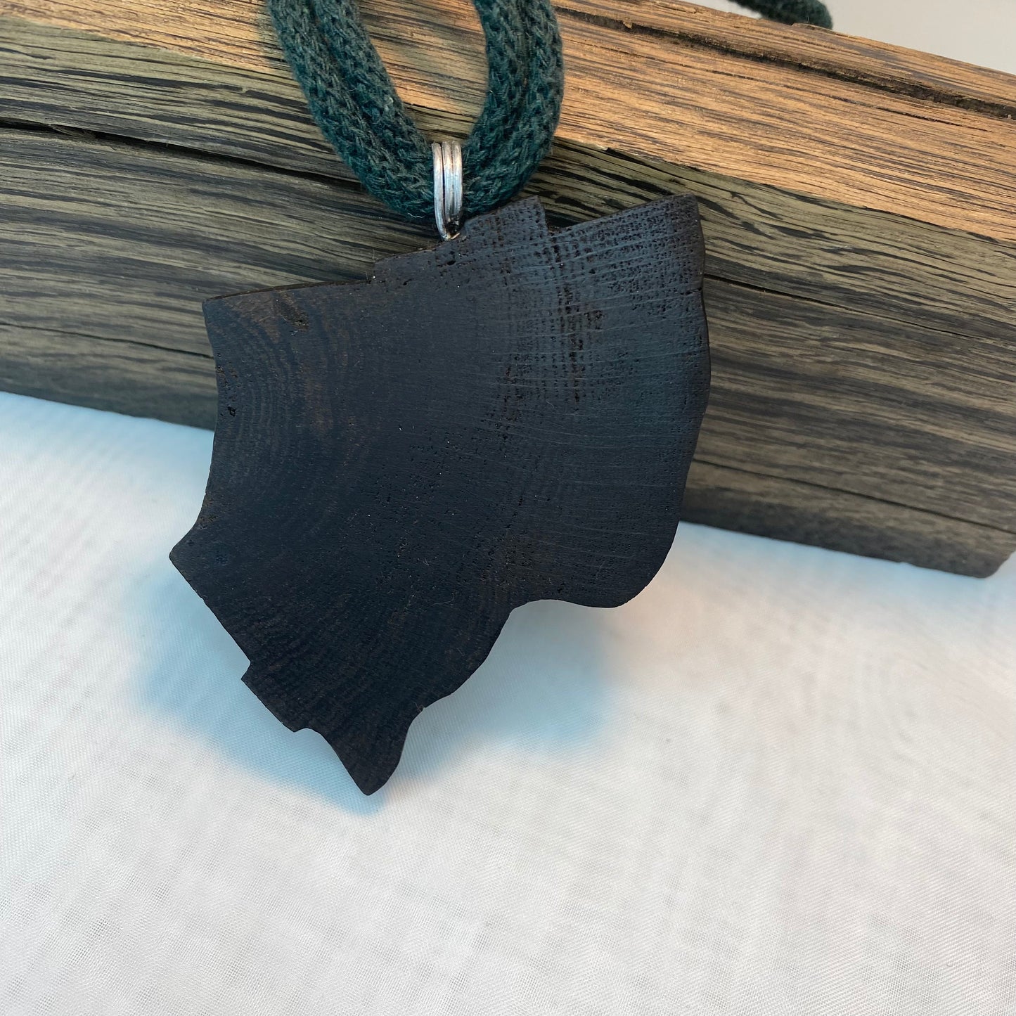 Irish Bog Oak Carved Pendant with Green Bead Insets | Handmade