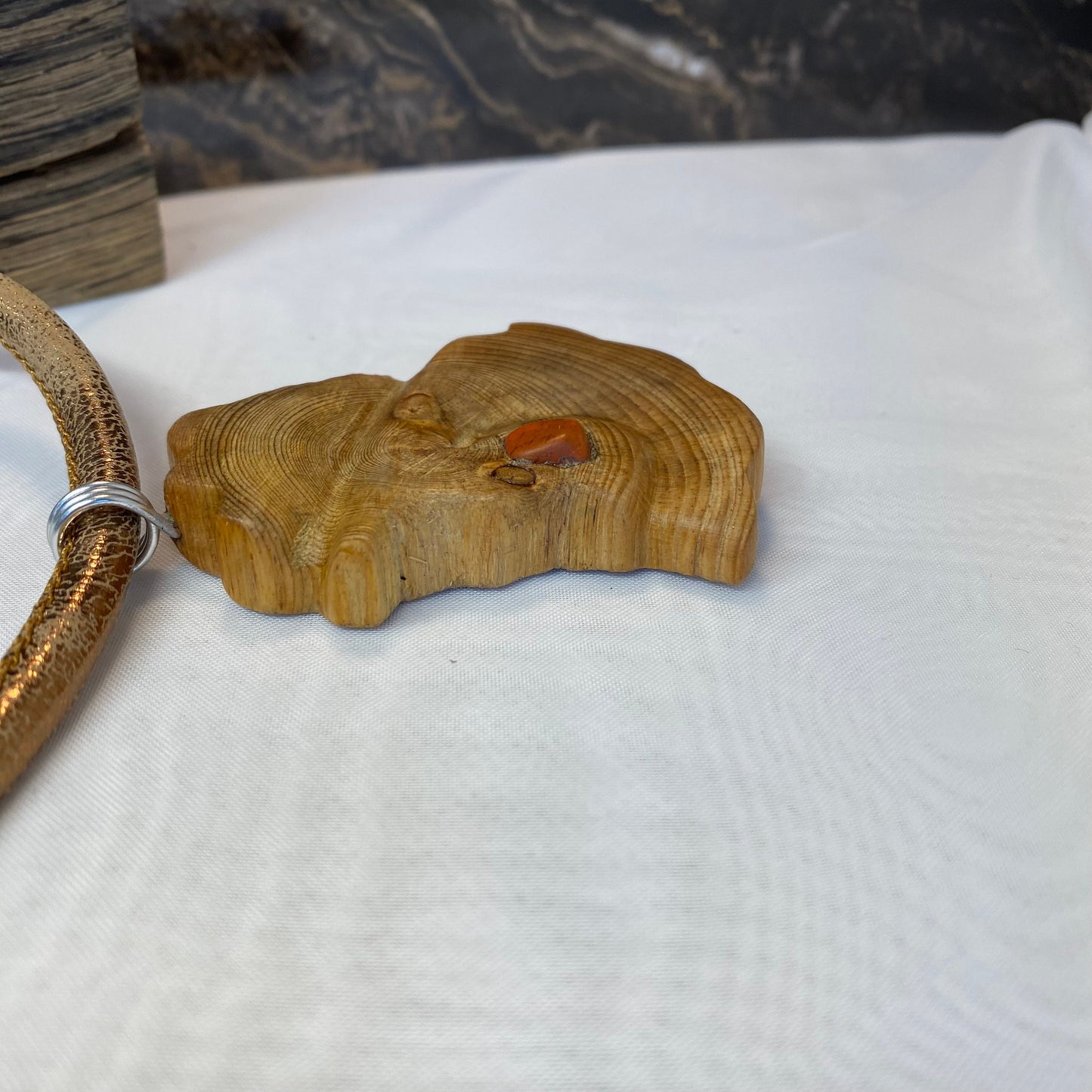 Irish Bog Pine Carved Necklace with Jasper Crystal Gift - Handmade