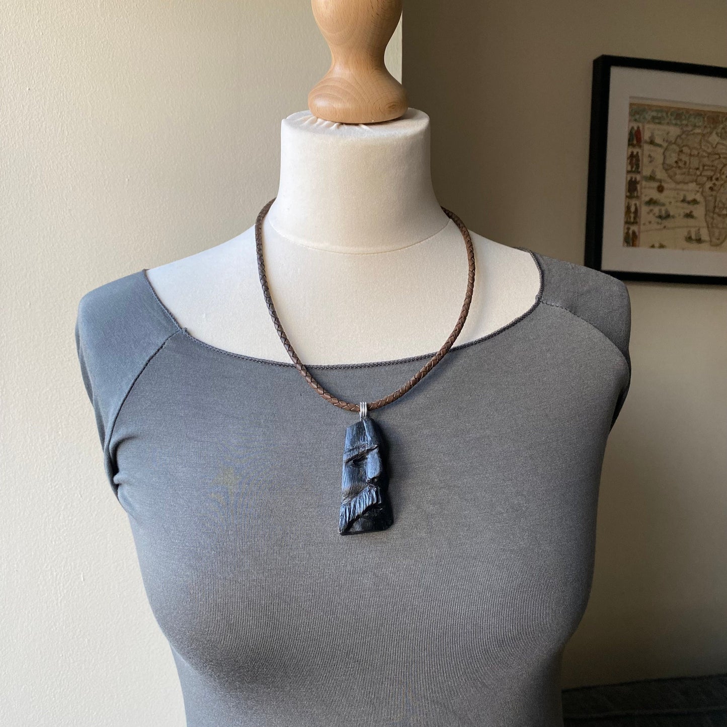 Irish Bog Oak Raw Carved Face Pendant - Handmade