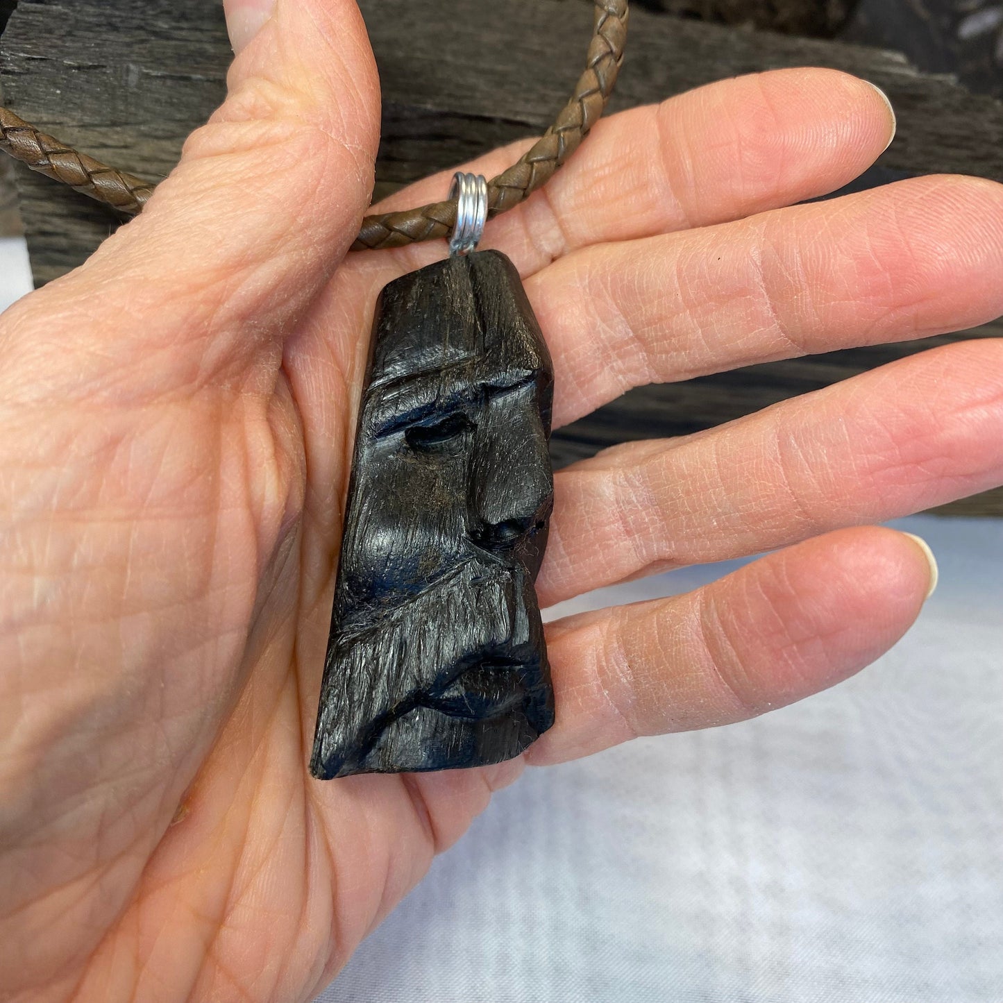 Irish Bog Oak Raw Carved Face Pendant - Handmade