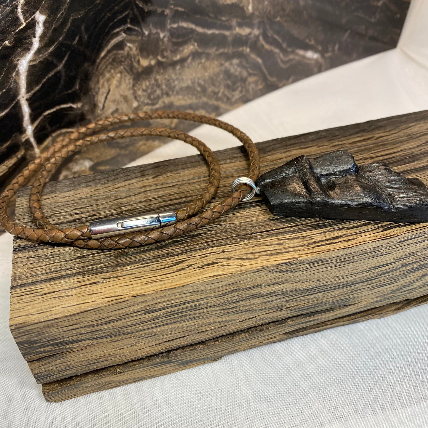 Irish Bog Oak Raw Carved Face Pendant - Handmade