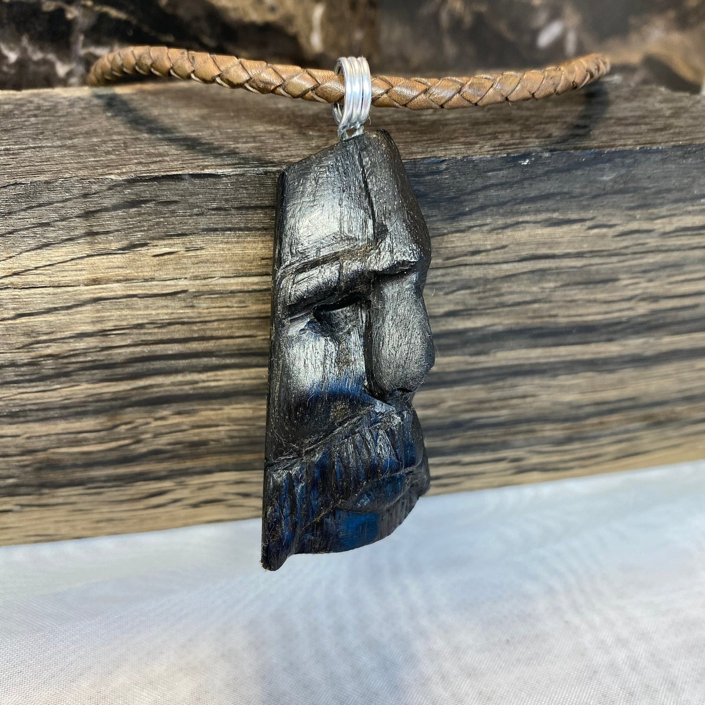 Irish Bog Oak Raw Carved Face Pendant - Handmade