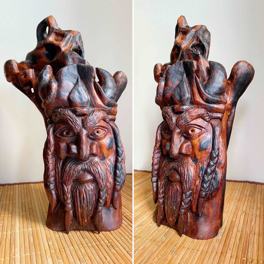 Hand Carved Odin Sculpture from Irish Bog Yew ranging in age from 3000 to 8000.