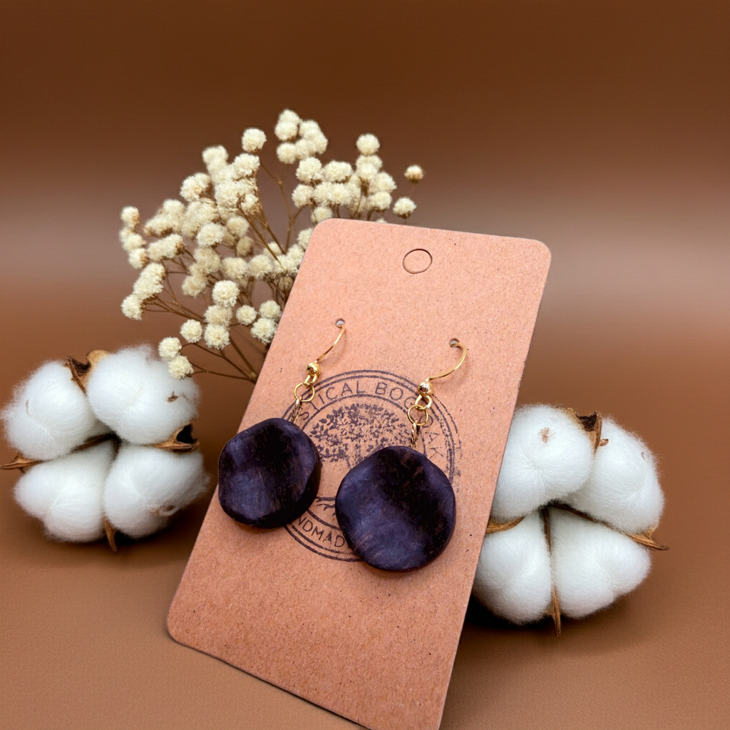 Irregular Round Bog Oak Earrings with Gold Plated Hooks