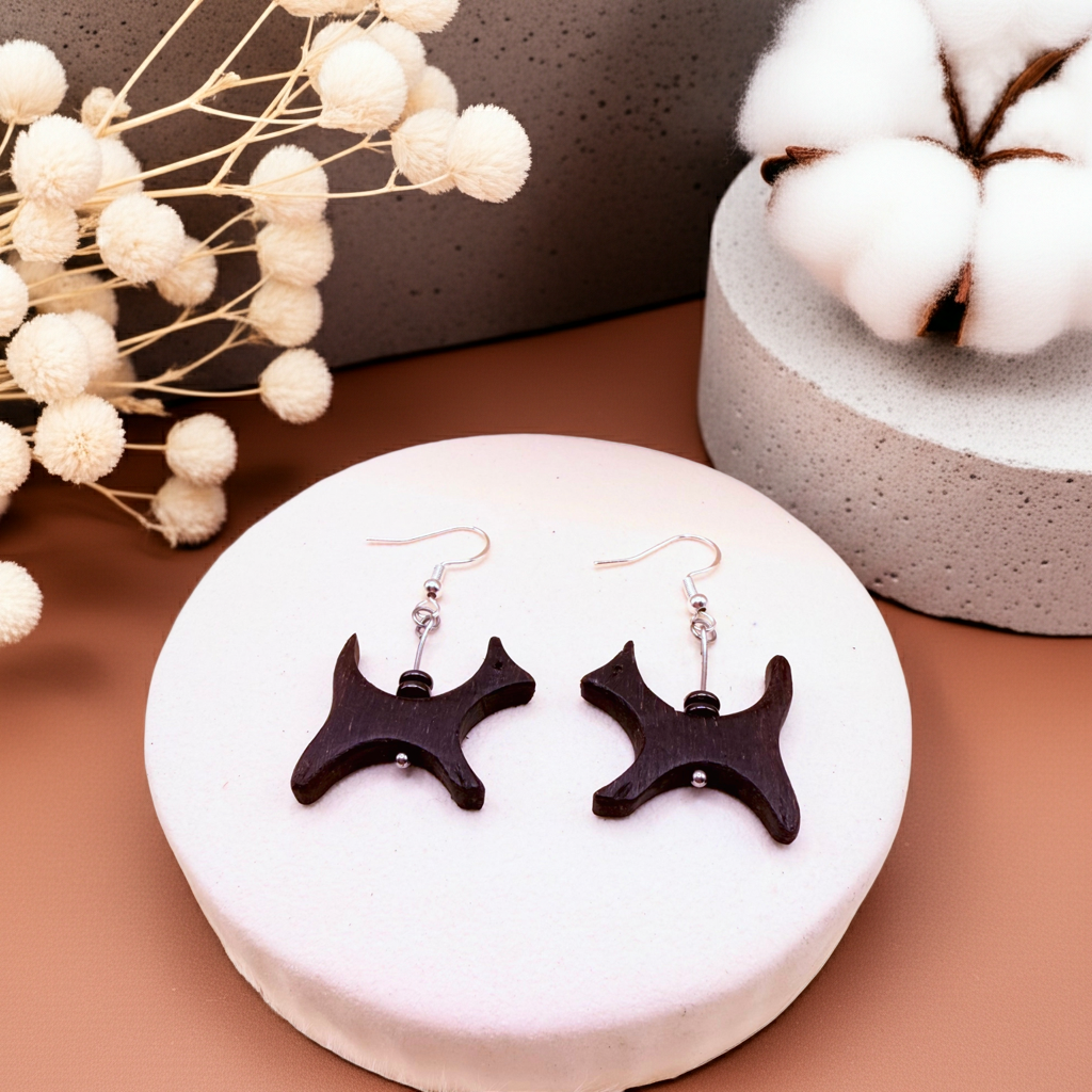 Bog Oak Earrings with Hematite Beads – Handmade Dark Wood Statement Dangle Jewellery