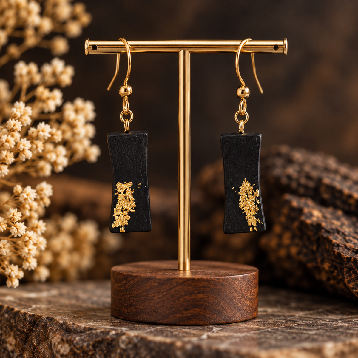 A pair of black rectangular drop earrings with gold floral inlay, hanging from gold hooks on a gold T-stand with a wooden base, styled on a rustic wooden surface with dried flowers in the background.