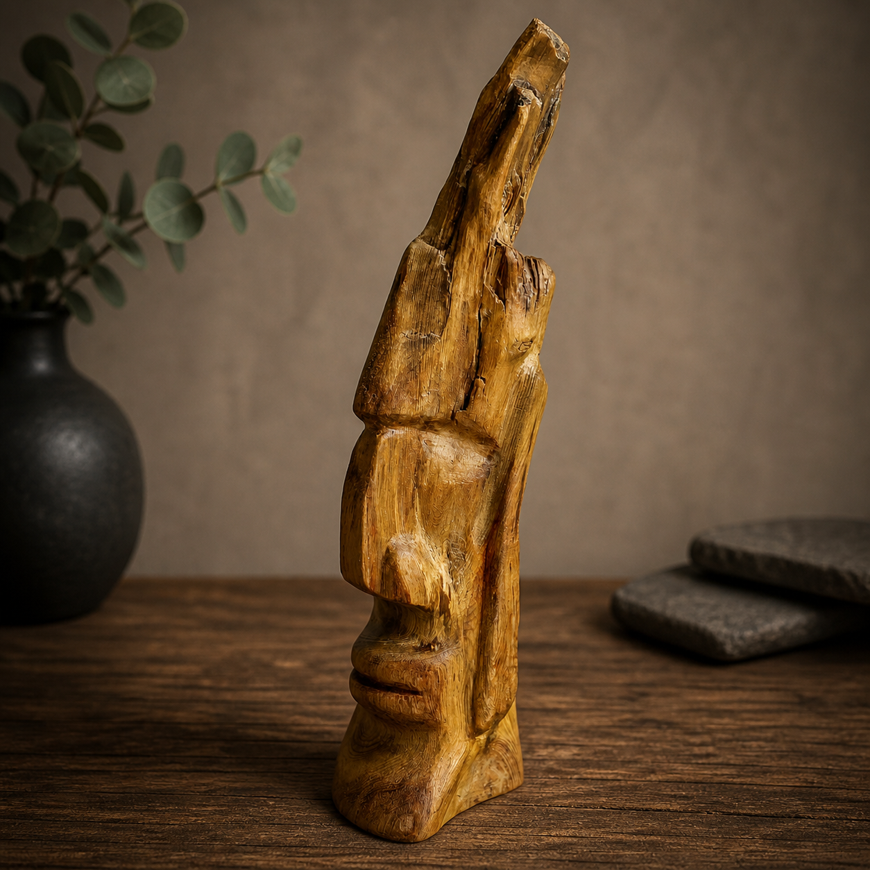 Close-up of handcrafted wooden face sculpture held in hands, emphasizing natural wood grain and form
