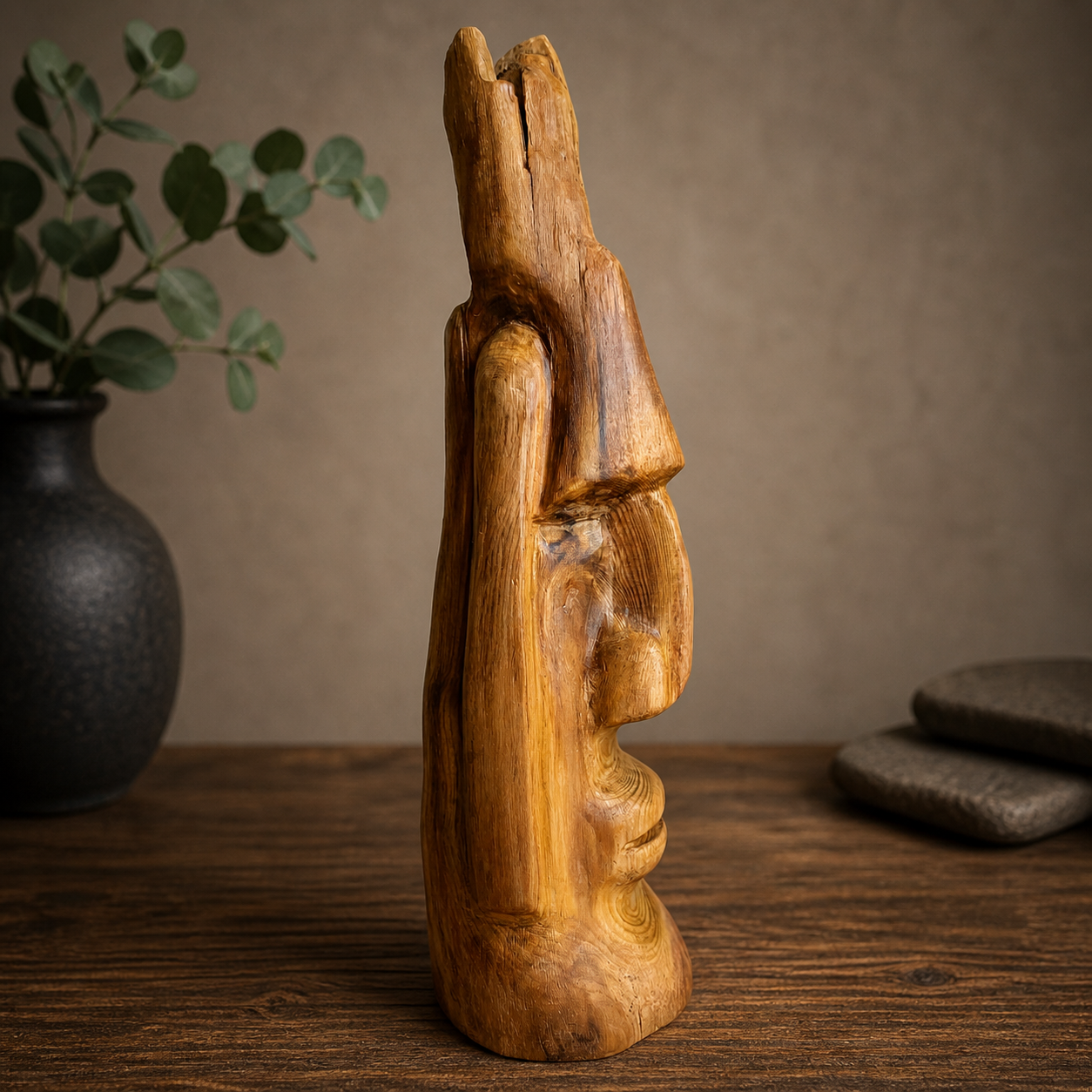 Wooden sculpture on a wooden surface with a vase and stones in the background