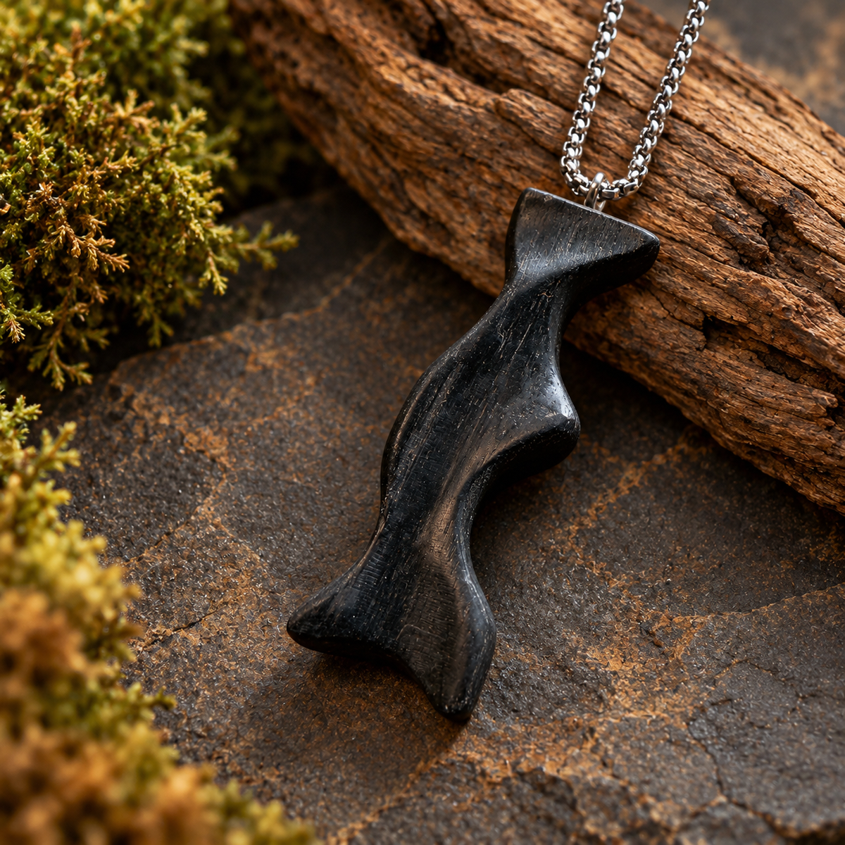 A dark carved wooden pendant necklace with an abstract fish-like shape, hanging from a silver chain against a rustic wood and stone background with moss.