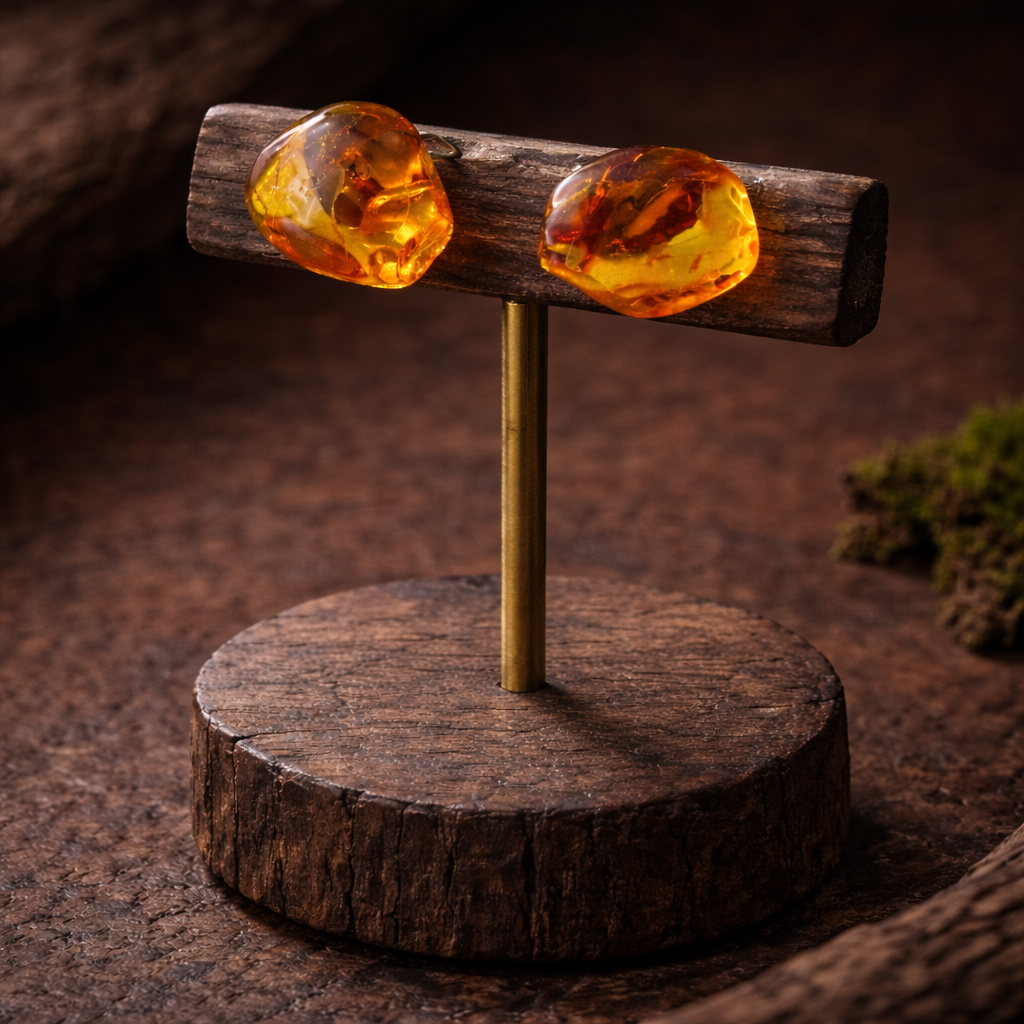 Amber earrings on a wooden stand with a dark brown background