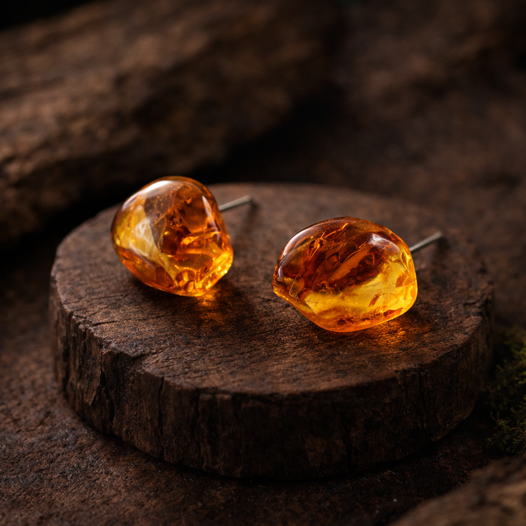 Amber-colored earrings on a wooden surface
