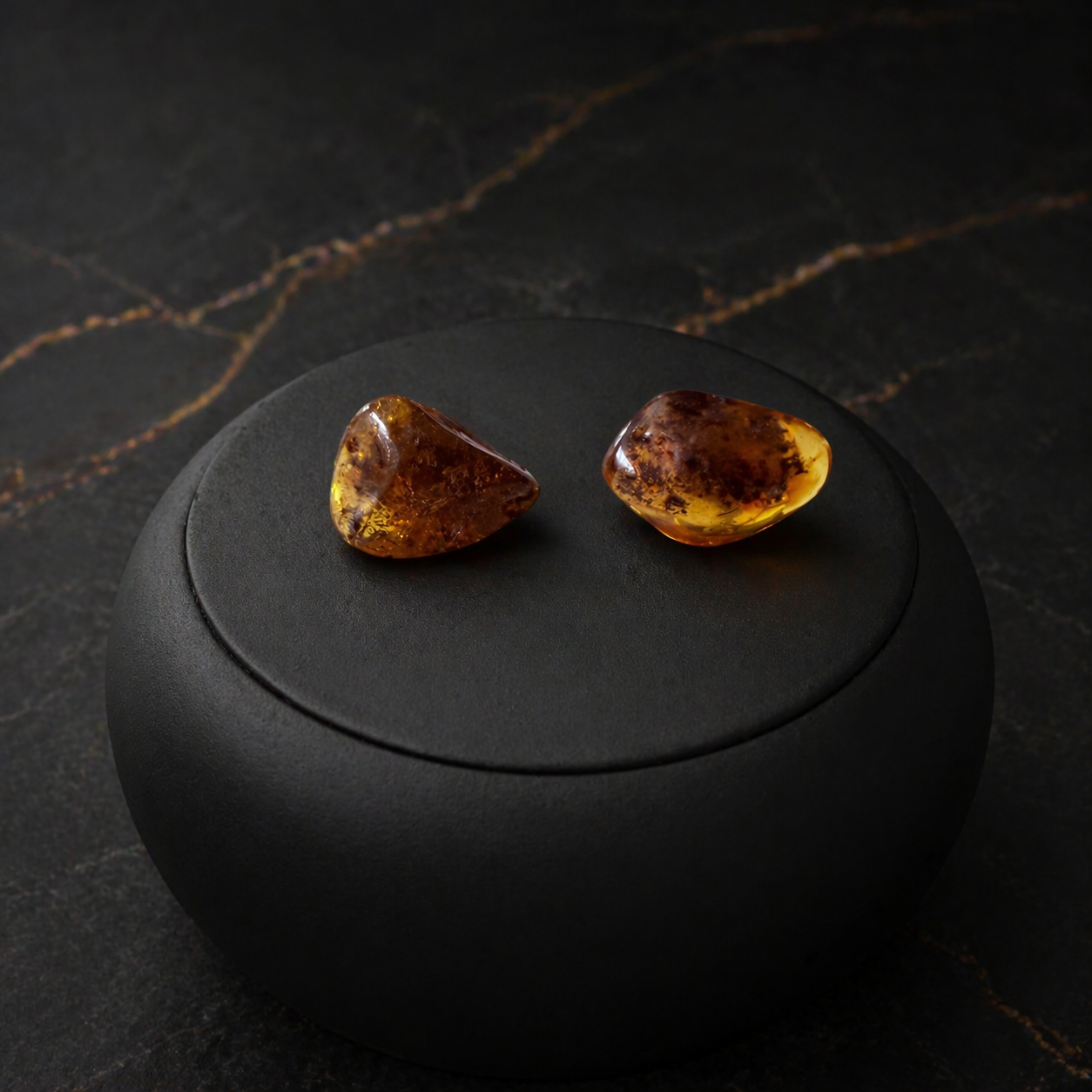 Two amber stones on a black stone surface