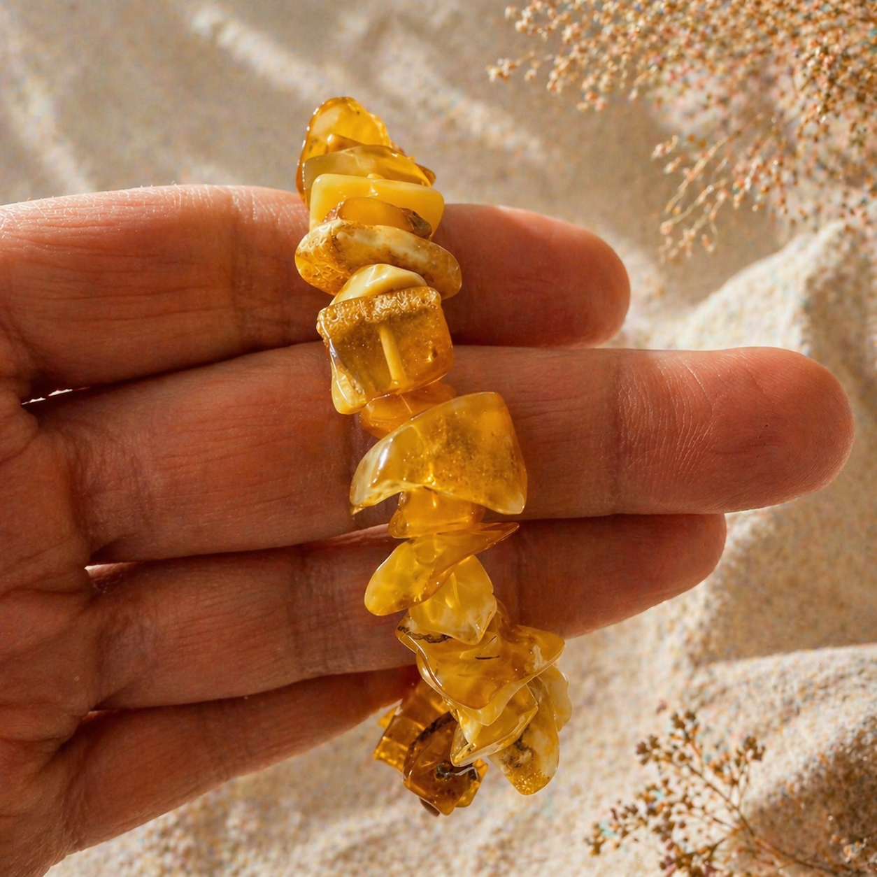 Hand holding a yellow stone with a natural background