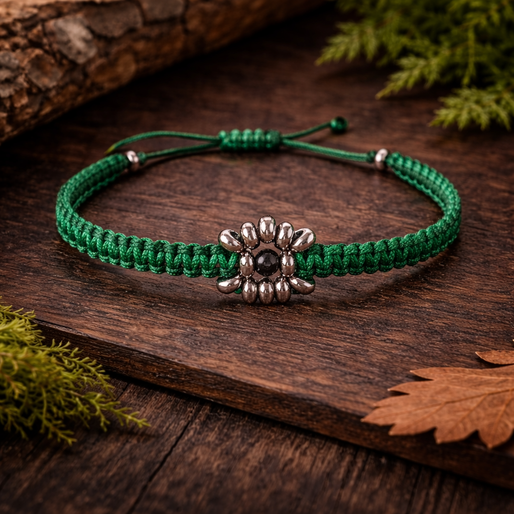 Green braided bracelet with a silver flower-shaped charm on a wooden surface with leaves.