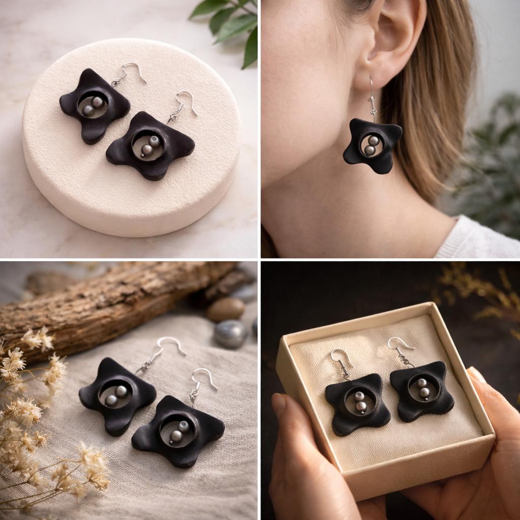 Star-shaped earrings displayed on a round white stand, worn by a person, and in a box with a natural background.