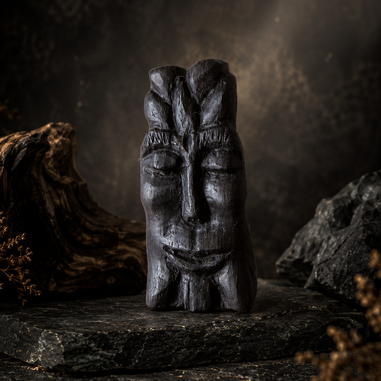Dark stone statue with a mystical ambiance on a textured background