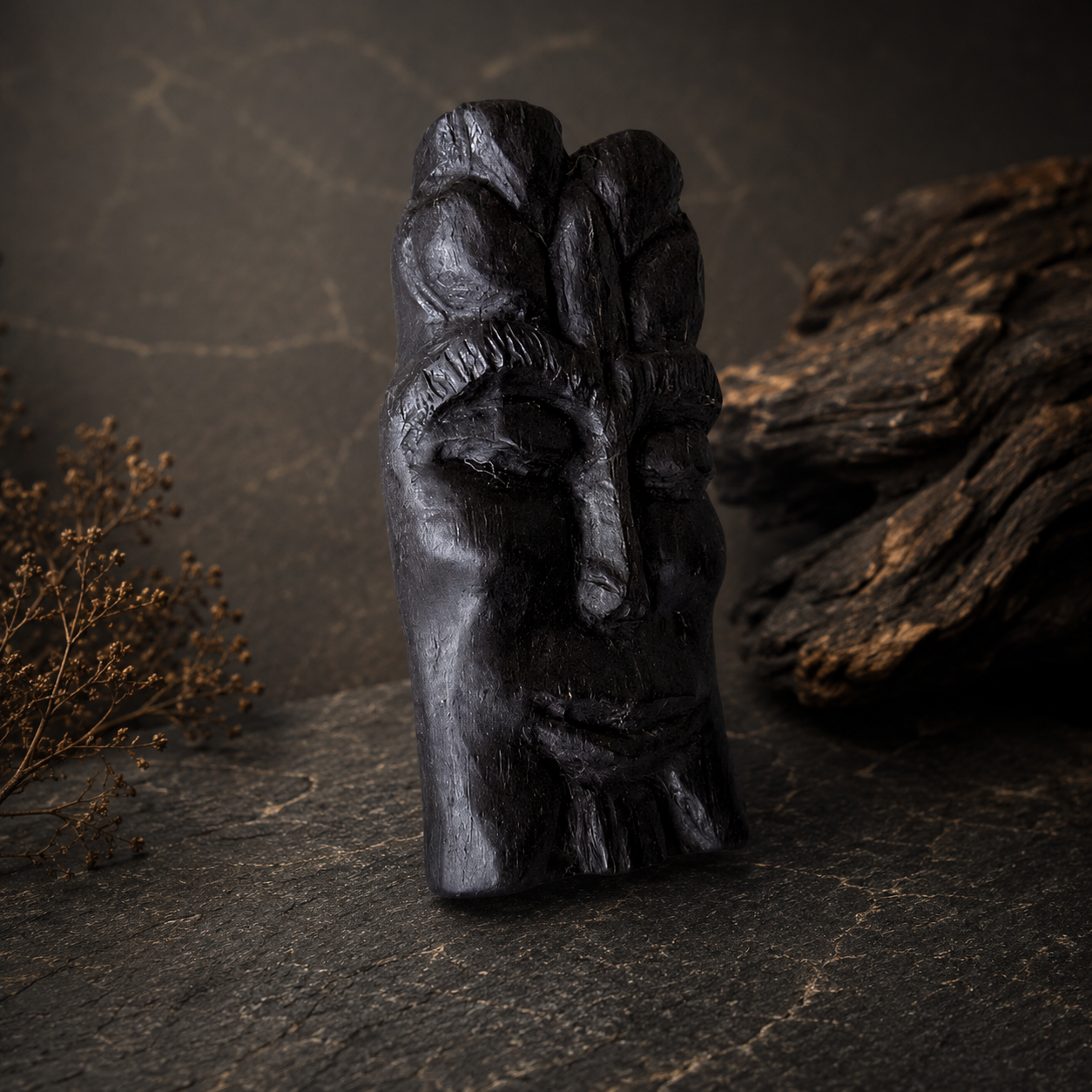 Dark stone sculpture of a face with intricate details on a textured surface.