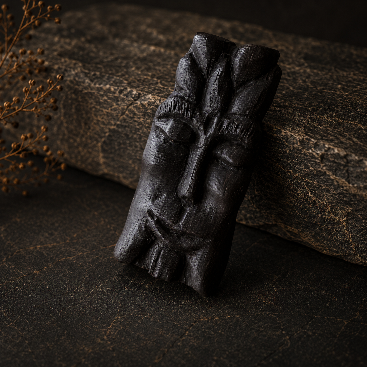 Carved wooden face sculpture on a dark textured surface with dried plants.