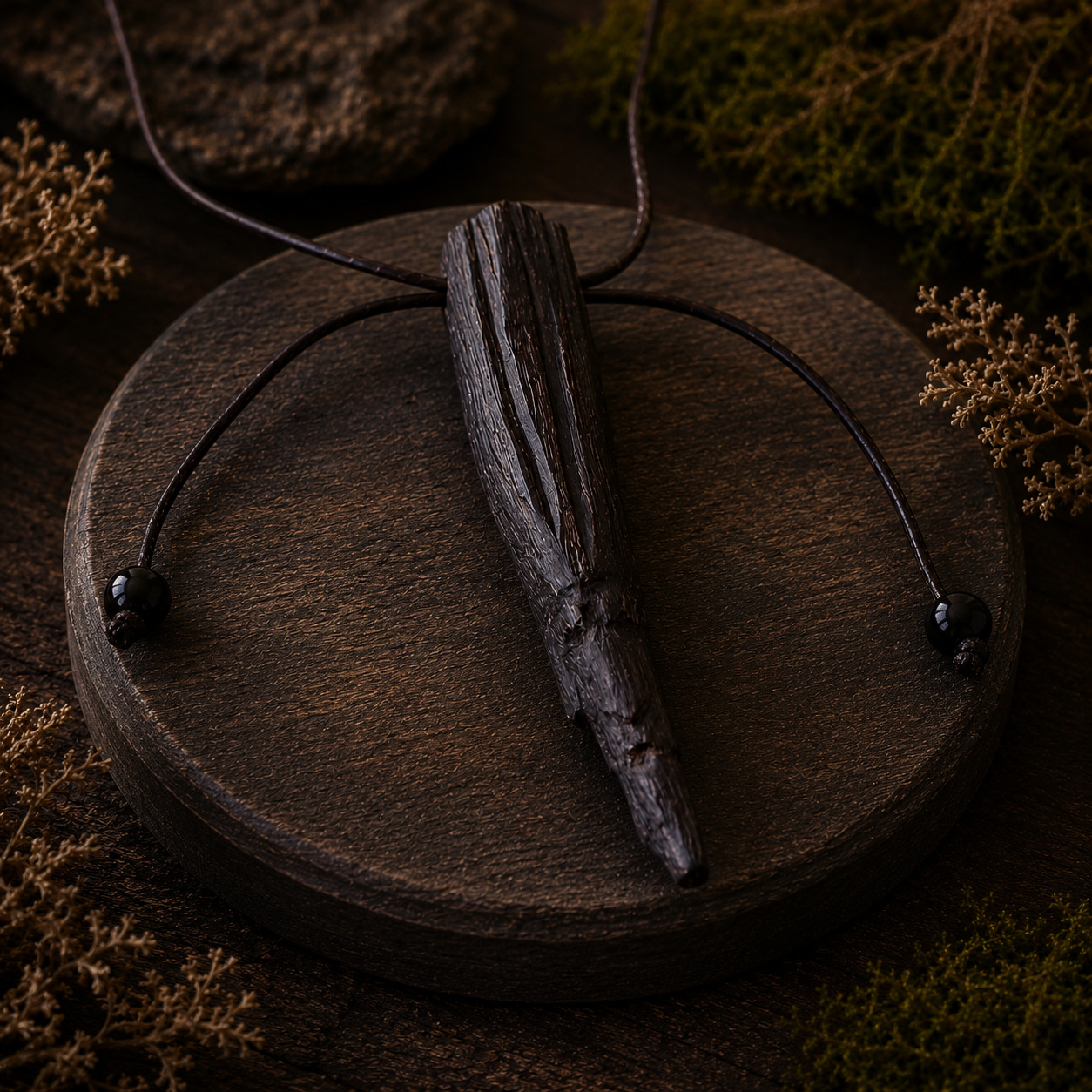 Wooden pendant on a dark wooden surface with dried plants around
