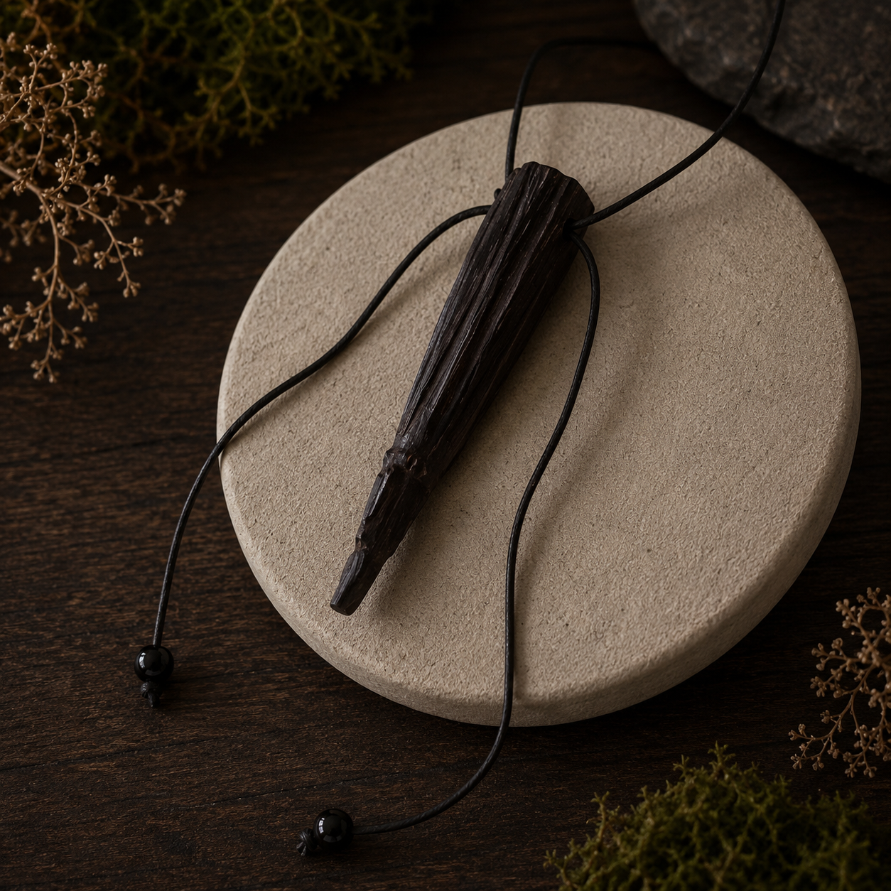 Black dried plant on a round stone surface with a dark background