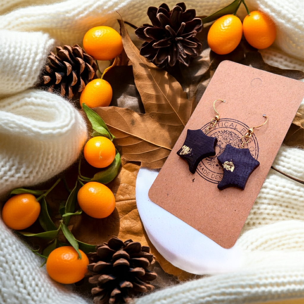 Handcrafted Bog Oak Earrings with Gold Leaf Accent