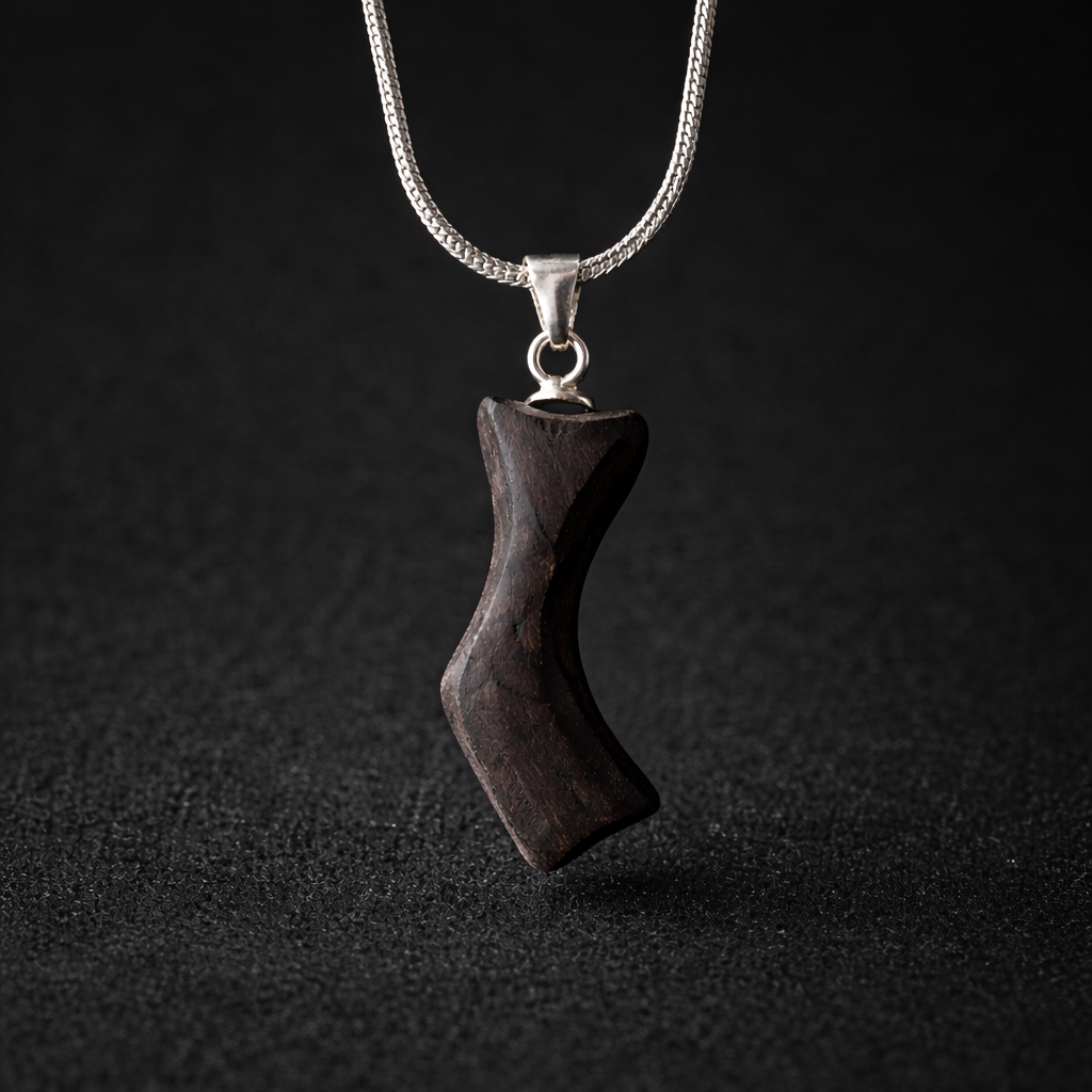Wooden pendant on a silver chain against a dark background
