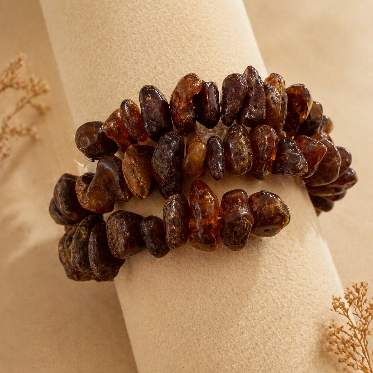 Brown beaded bracelet on a beige surface with dried flowers.