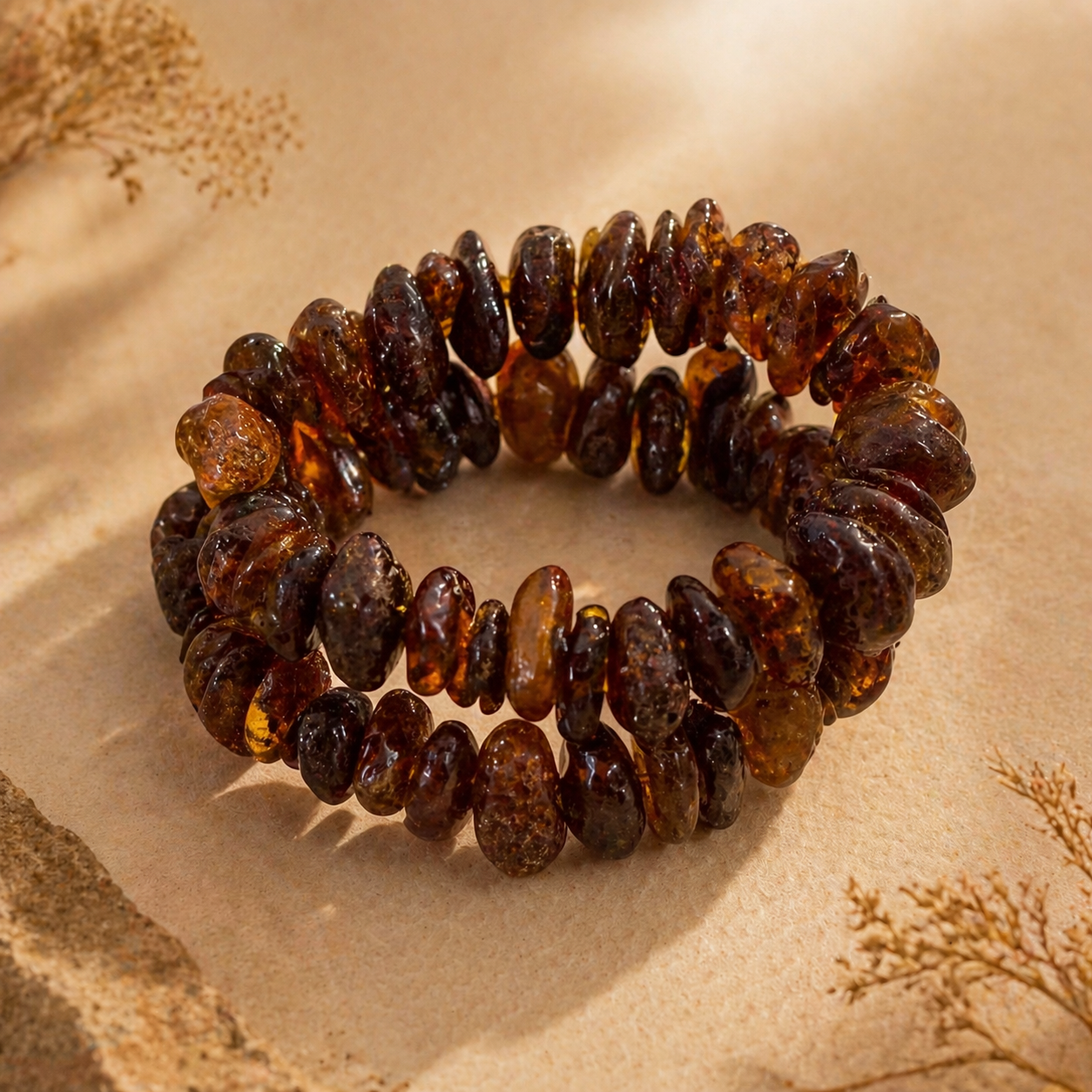 Brown beaded bracelet on a textured beige background