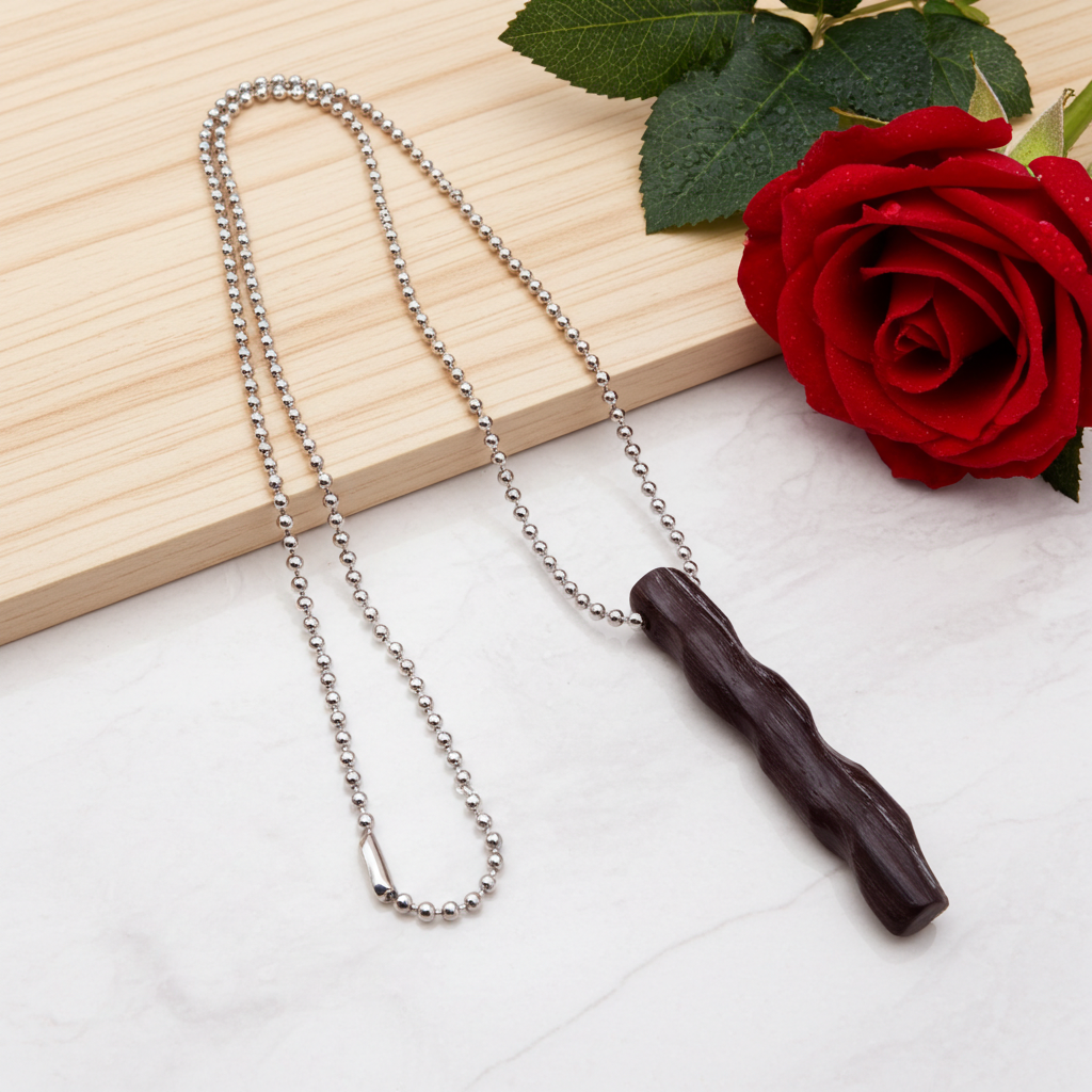 Hand Carved Black Bog Oak Pendant Necklace on Stainless Steel Chain