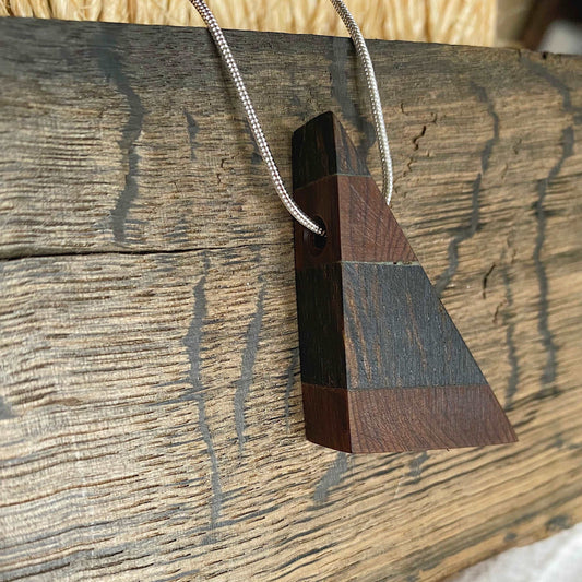 Irish Bog Oak & Yew Triangle Pendant Necklace on Silver Plated Chain - Handmade