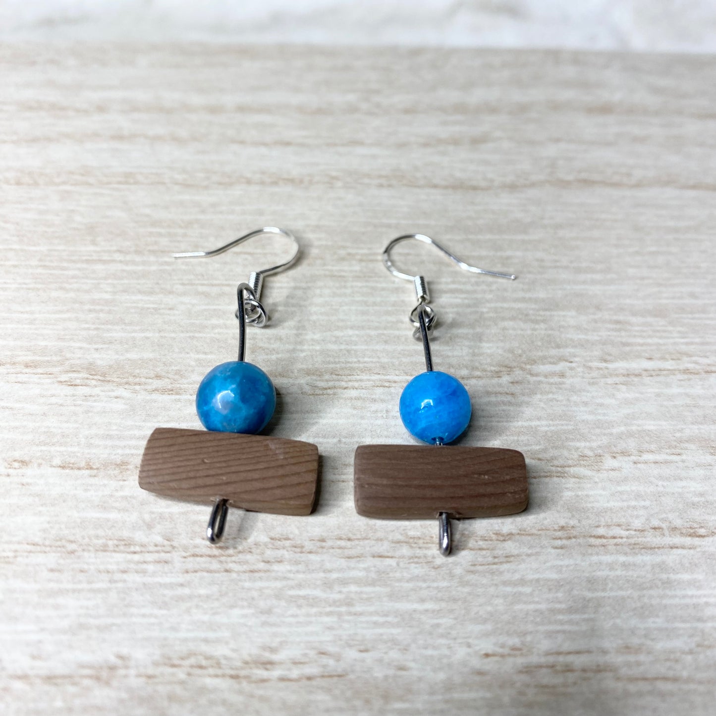 Handmade Dangle Earrings with Blue Apatite and Yew Wood Beads