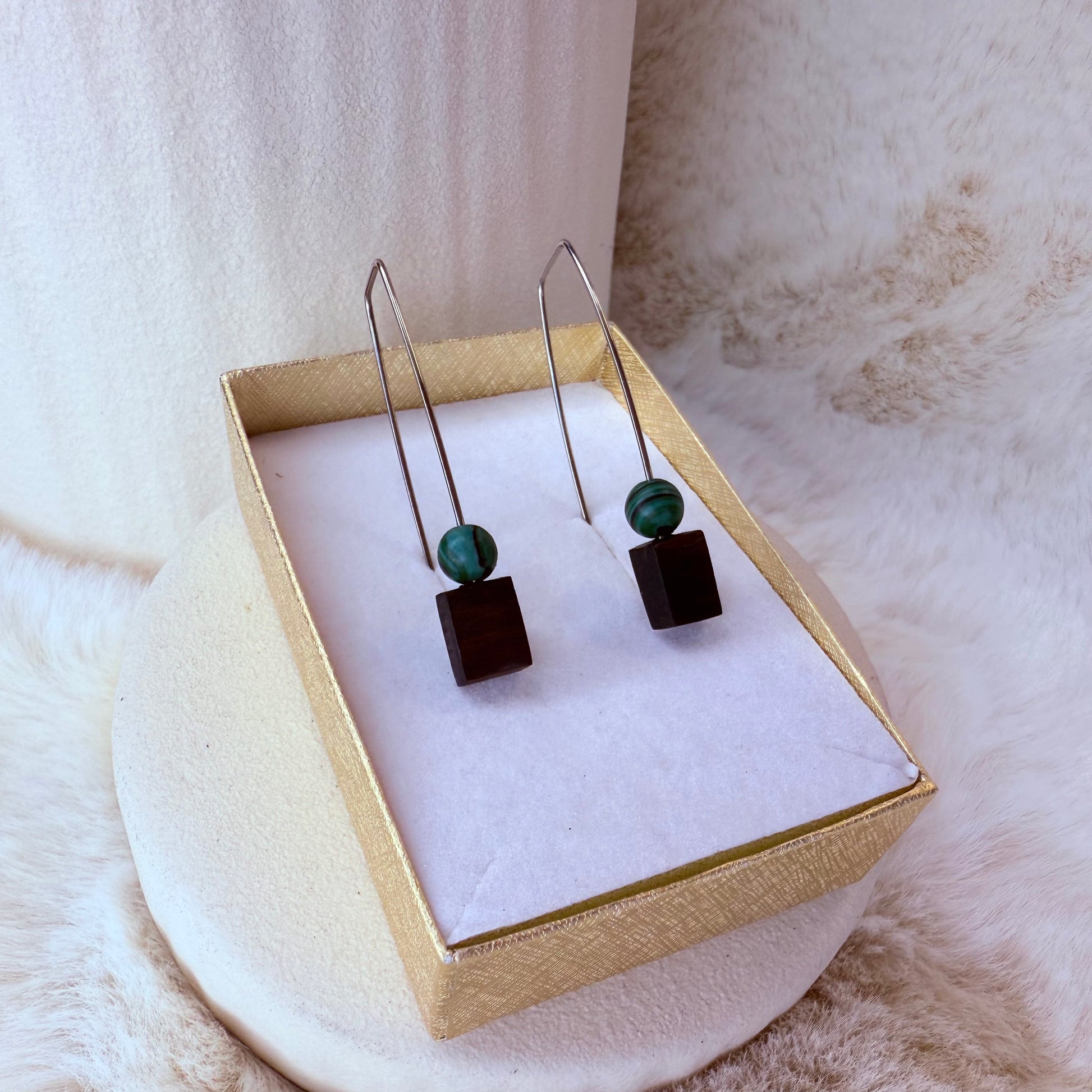 bog oak earrings with malachite stone