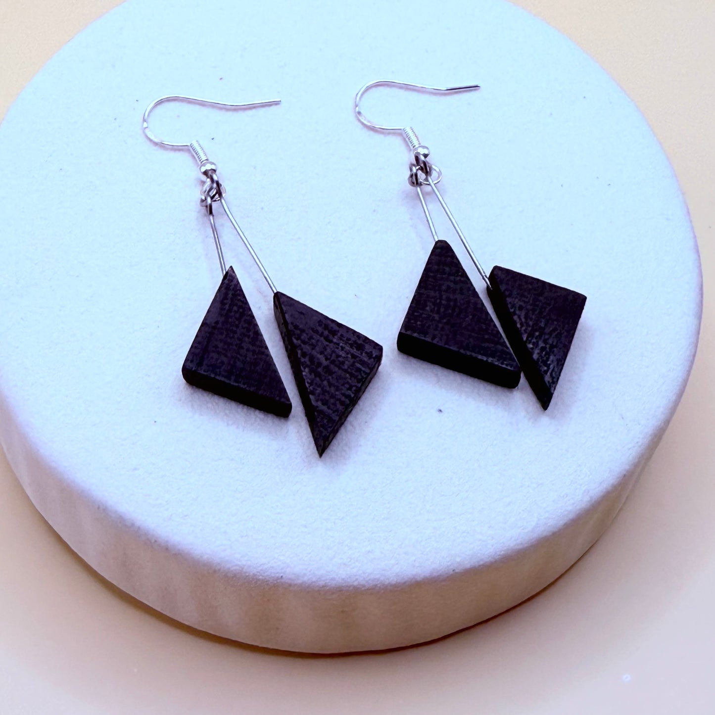 Geometric wooden dangle earrings made of ancient bog oak