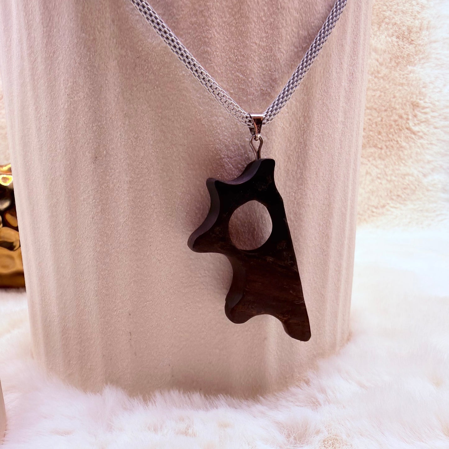 Luxury handmade bog oak necklace with 3mm stainless steel chain.