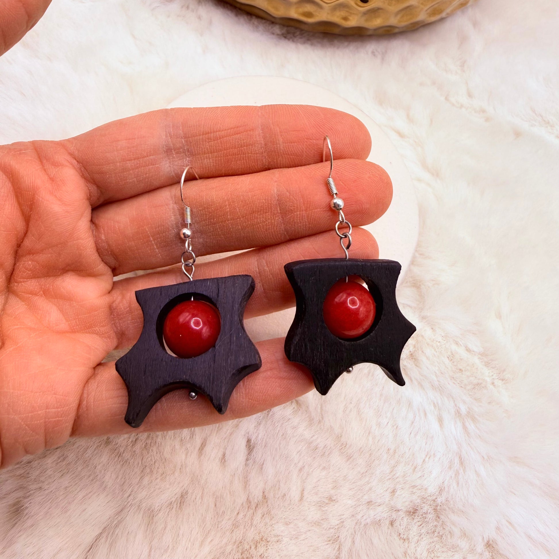 bog oak earrings with red coral