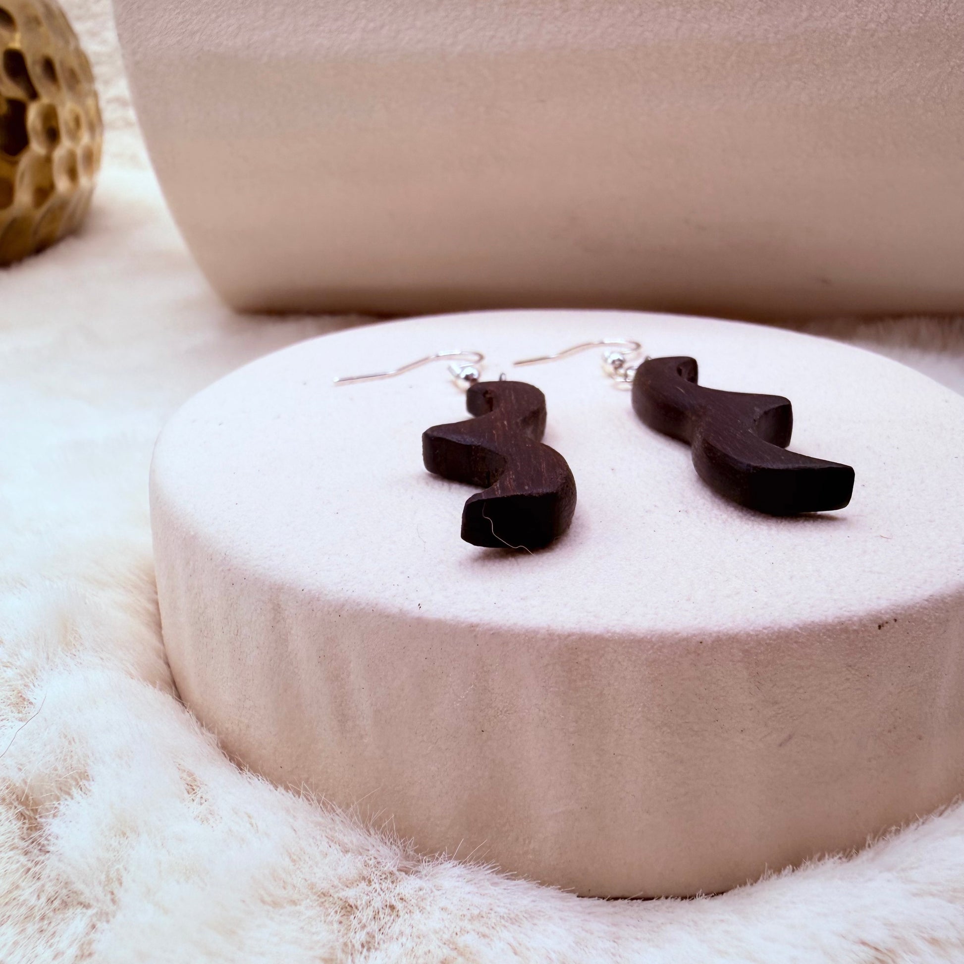 Minimalist wooden earrings made from fossilized bog oak