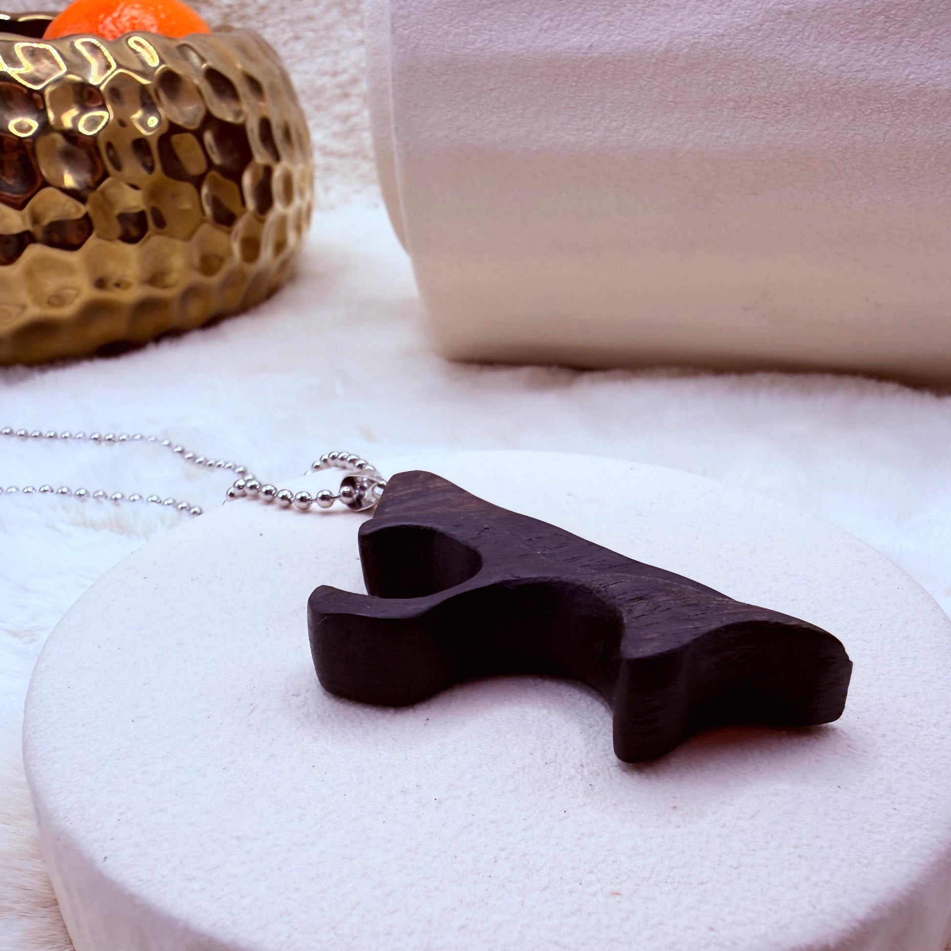 Bog oak wooden necklace worn on neck, minimalist organic jewellery style
