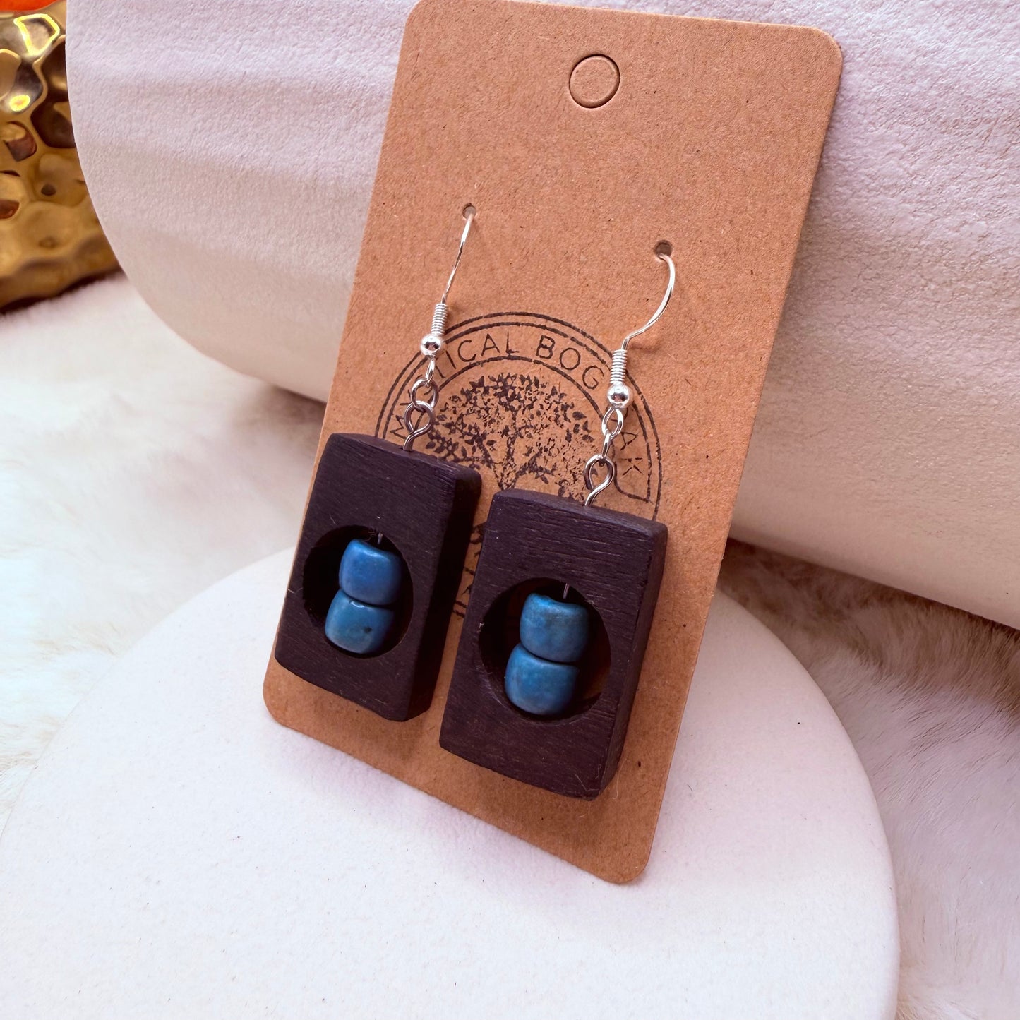 Handmade bog oak earrings with blue Howlite beads and stainless steel hooks 
