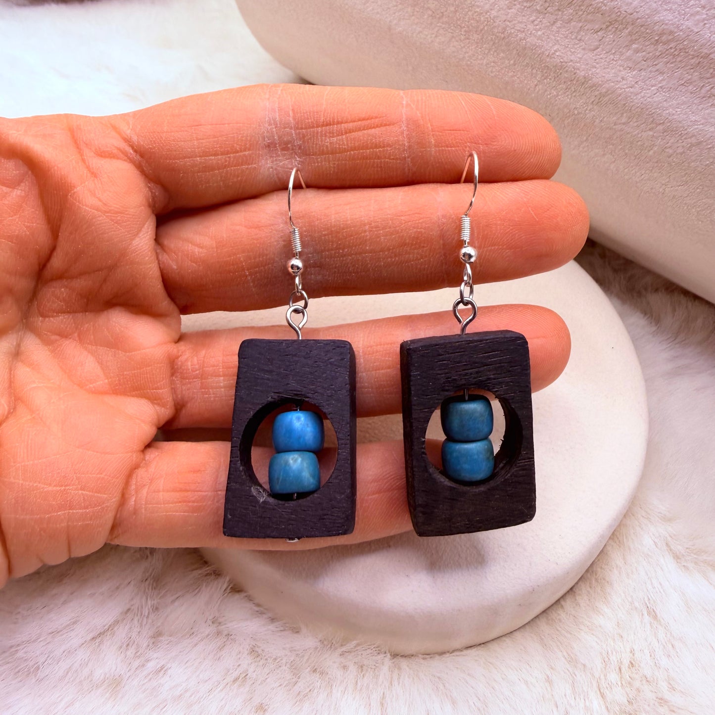 Rustic boho earrings made from ancient bog oak wood and blue Howlite gemstones