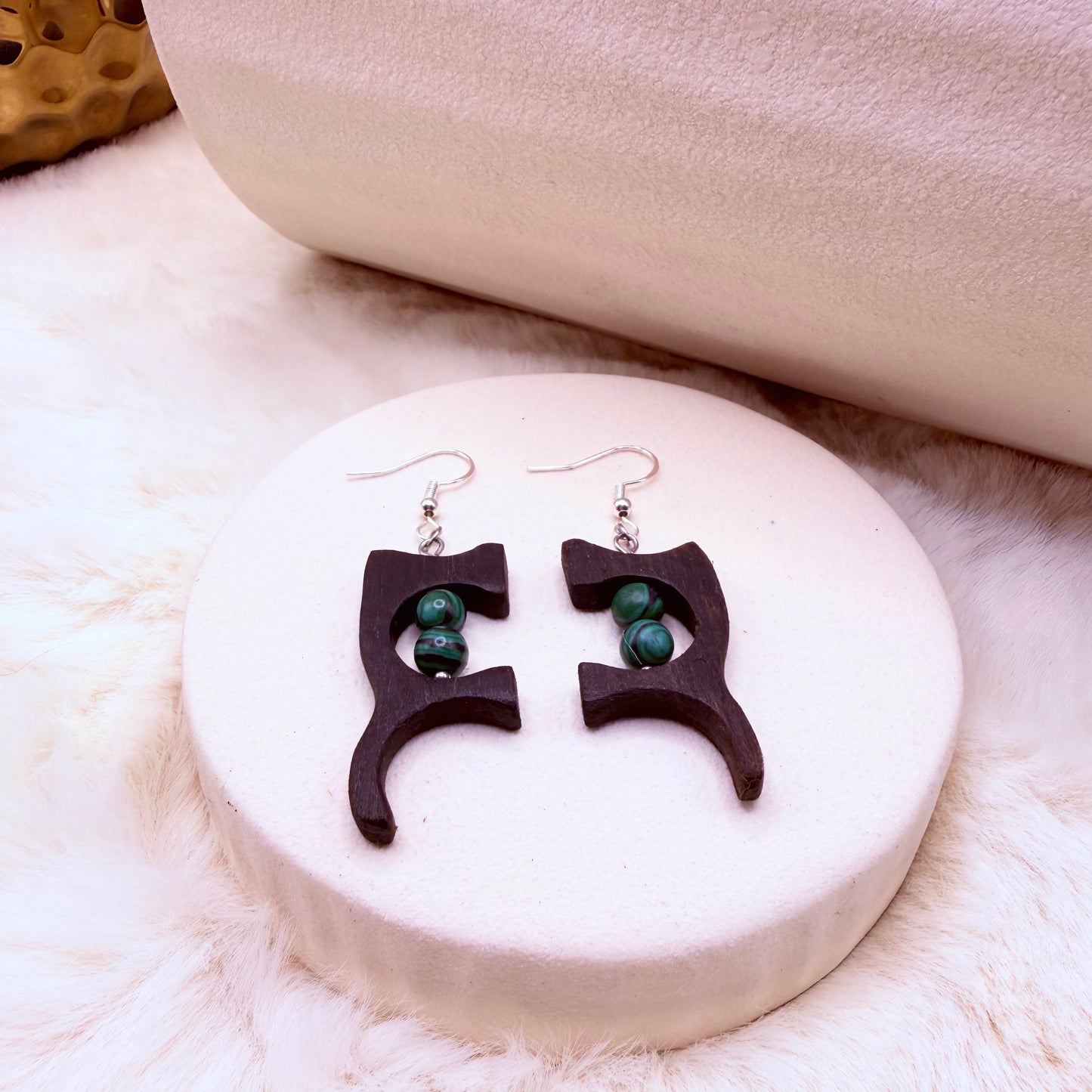 Rustic nature inspired earrings made from ancient bog oak and malachite